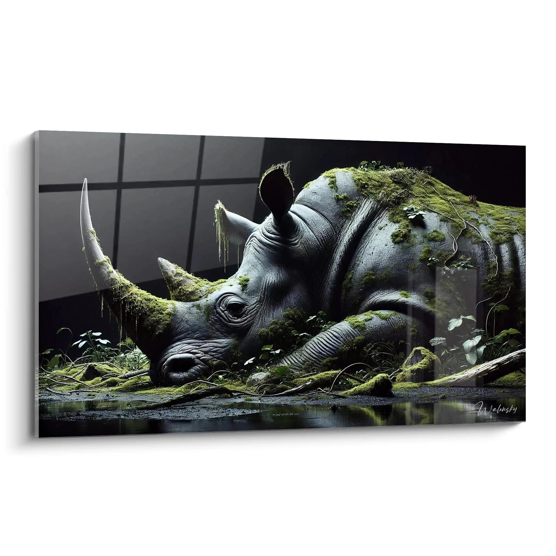 Wandbild Nashorn mit Moosbewuchs in mystischer Ruinenatmosphäre - Edition Nashorn Kunstdruck
