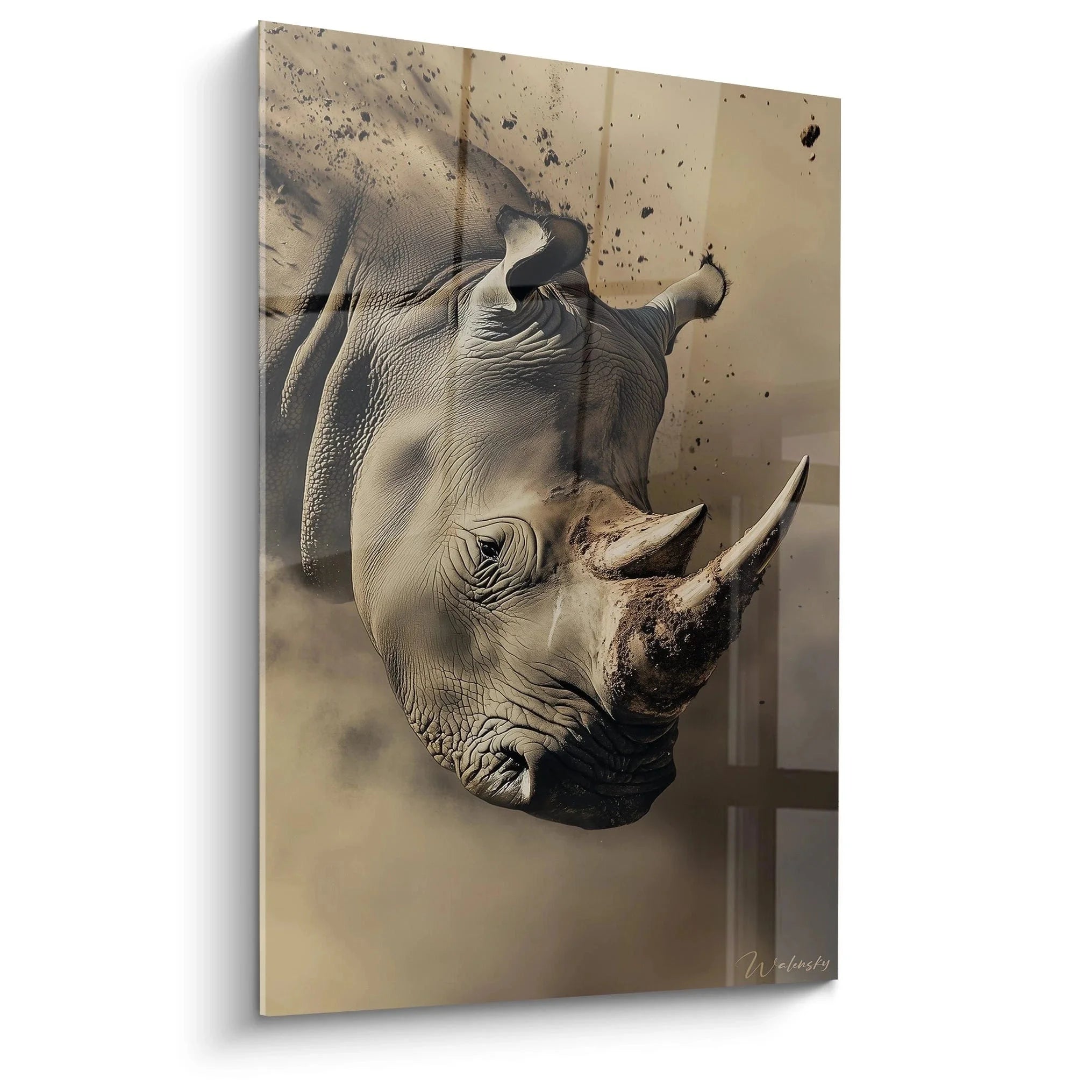 Wandbild Nashorn Portrait in beiger Farbpalette mit kraftvoller Ausstrahlung als moderne Wanddeko