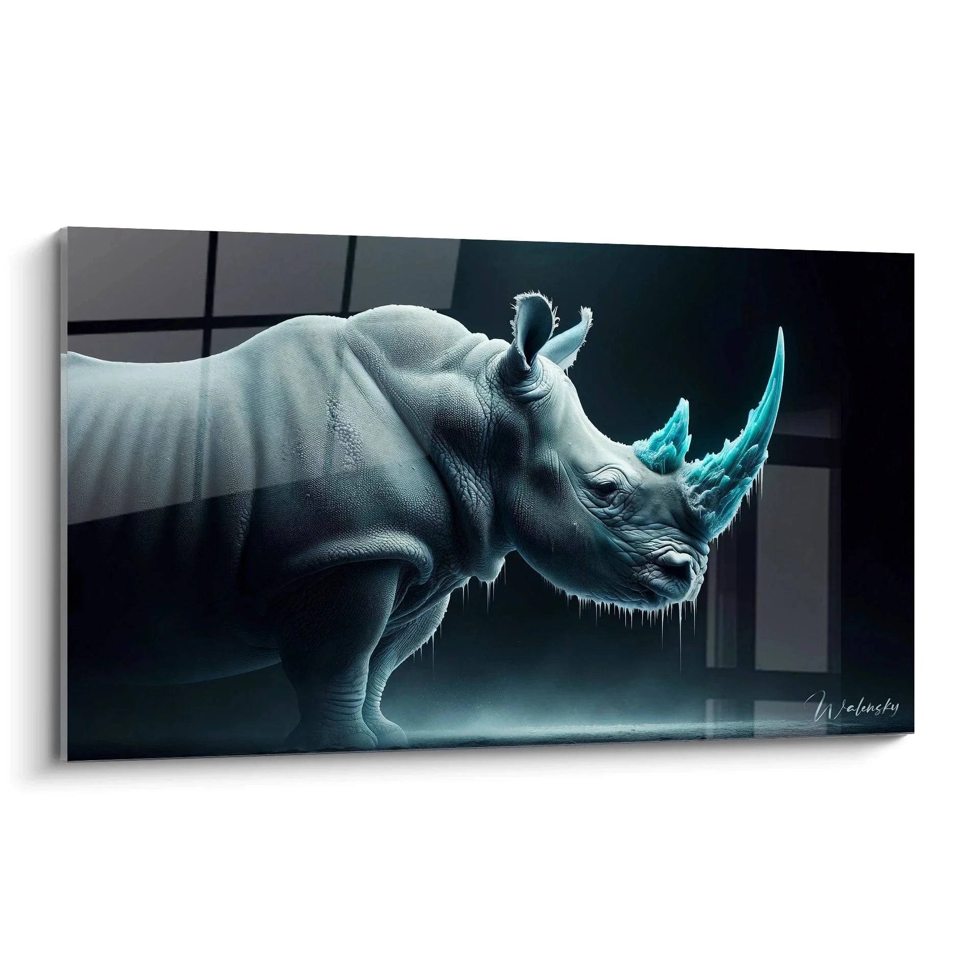 Wandbild Nashorn mit türkisen Hörnern und Eiszapfen in hyperrealistischer Darstellung auf Leinwand