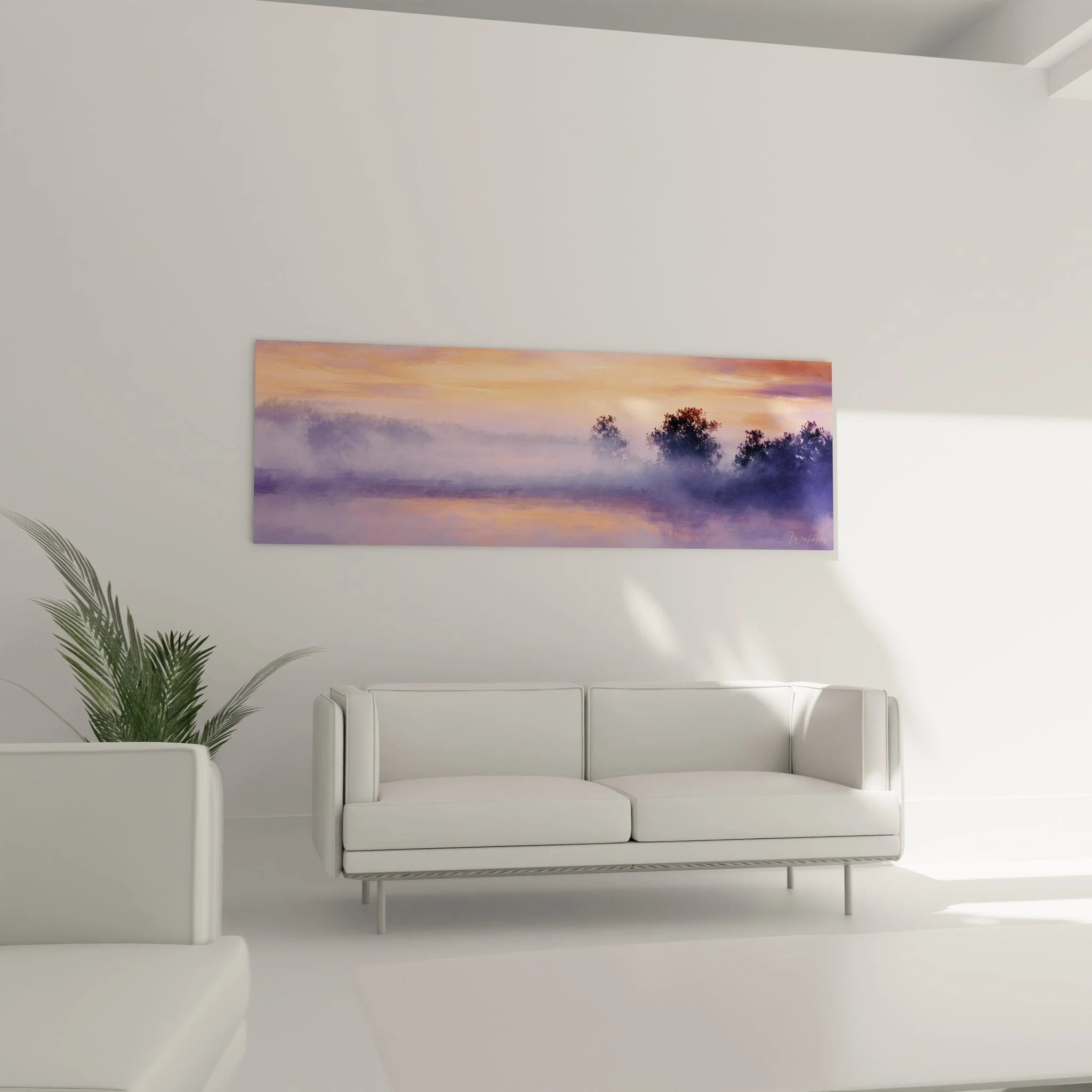 Detailansicht Wandbild Nebel - Farbübergänge Orange Violett mit Baumsilhouetten im Morgenlicht