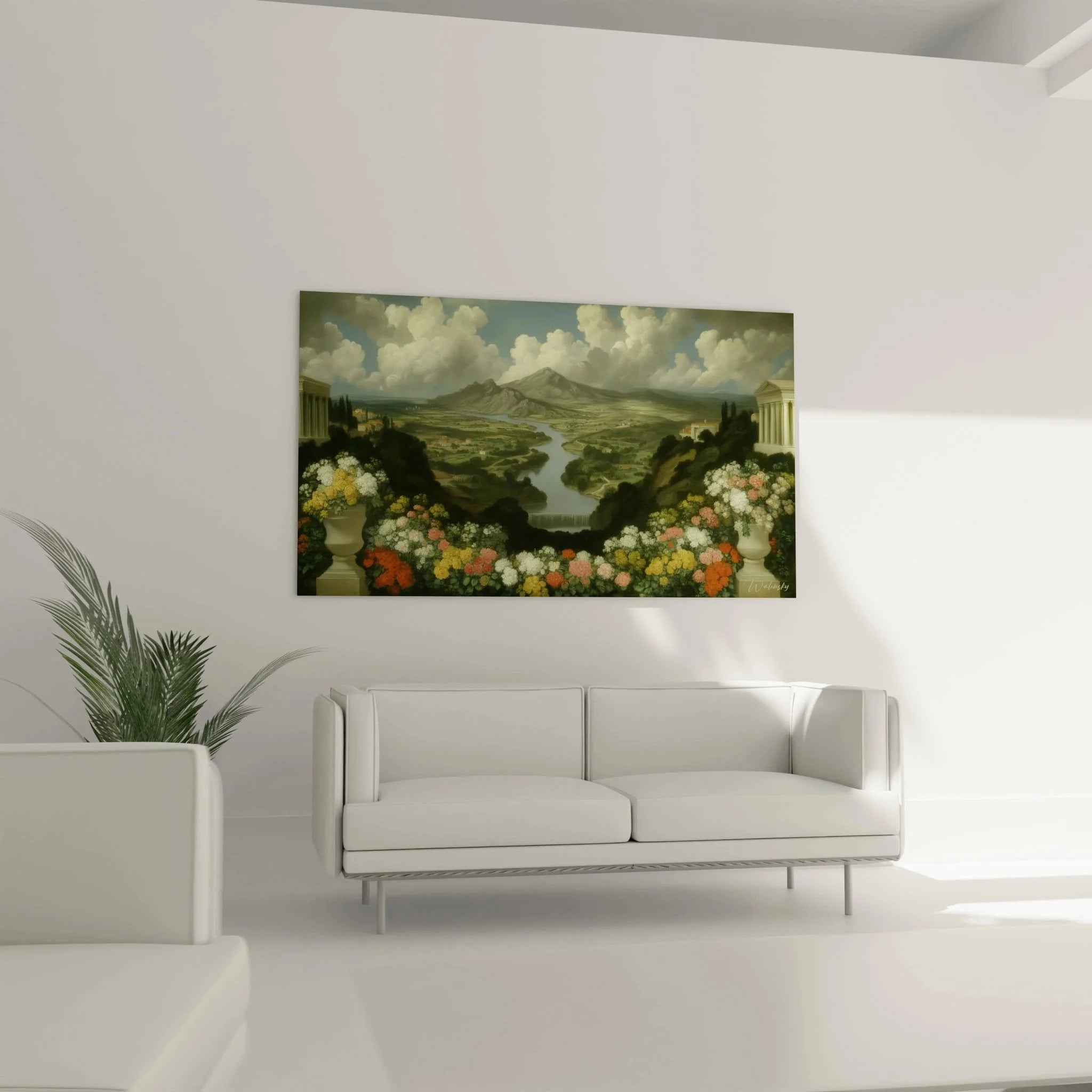 Detailansicht Wandbild Neoklassizismus mit korinthischen Säulen und bunten Blütenbouquets