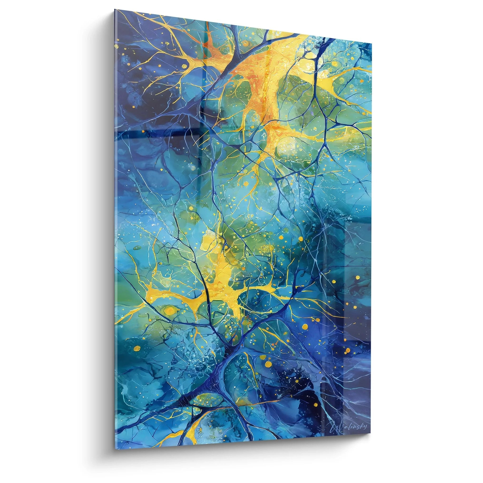 Wandbild Neuronen mit leuchtenden Synapsen in Blau und Gold - Edition Neuronal