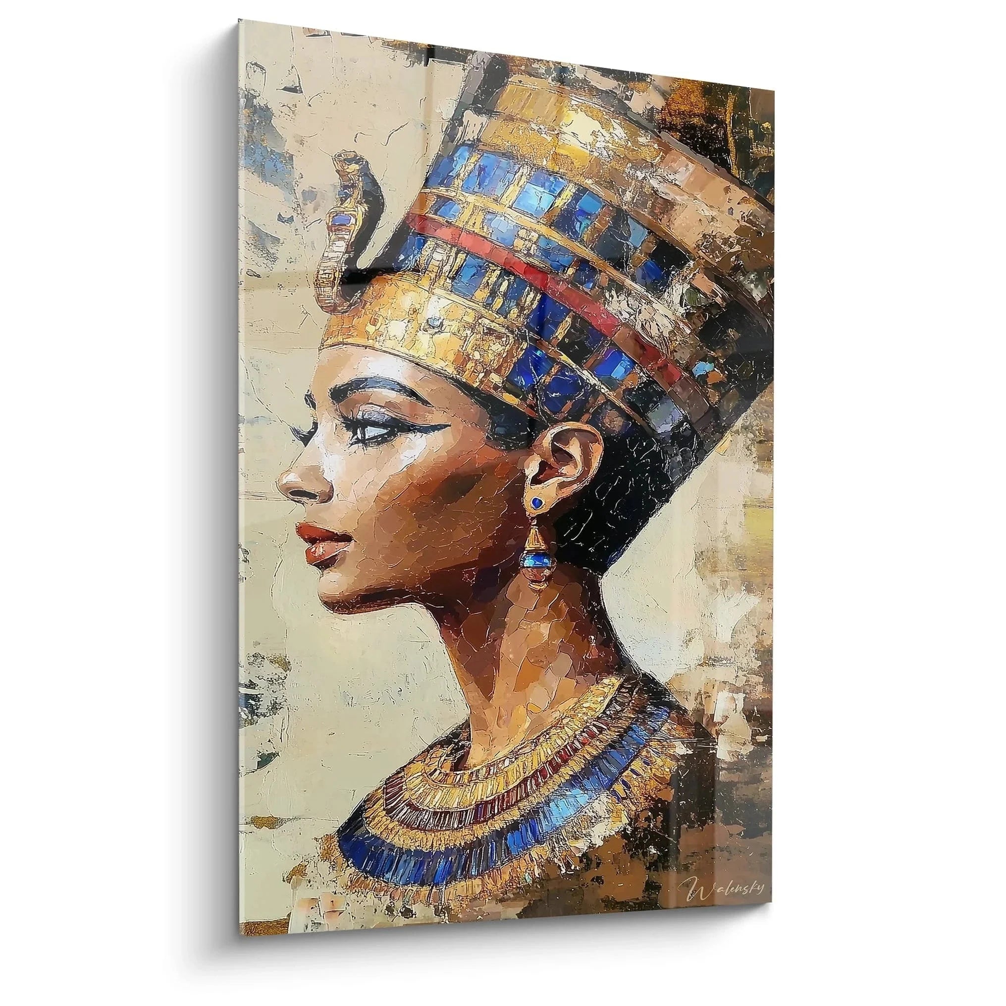 Wandbild Nofretete mit blauer Krone und goldenem Schmuck - Ägyptische Königin Kunstdruck XXL