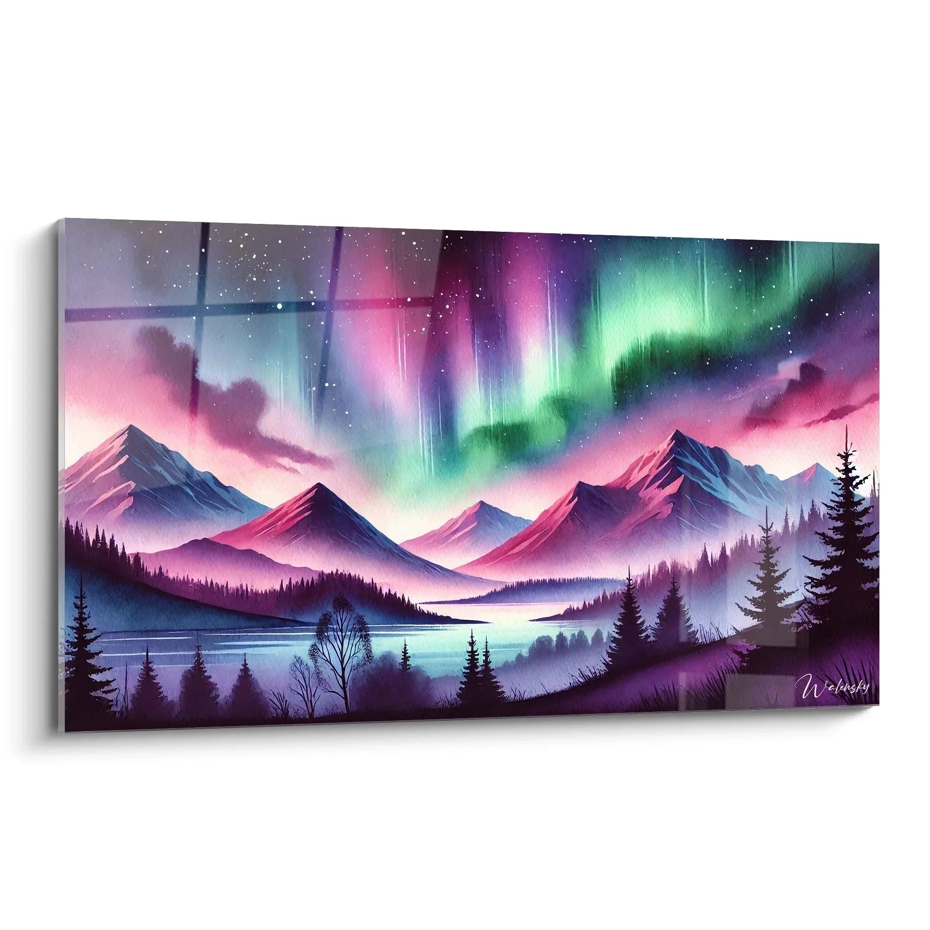 Wandbild Nordlicht über Berglandschaft mit Aurora Borealis in Grün und Rosa, verschneite Gipfel und Bergsee
