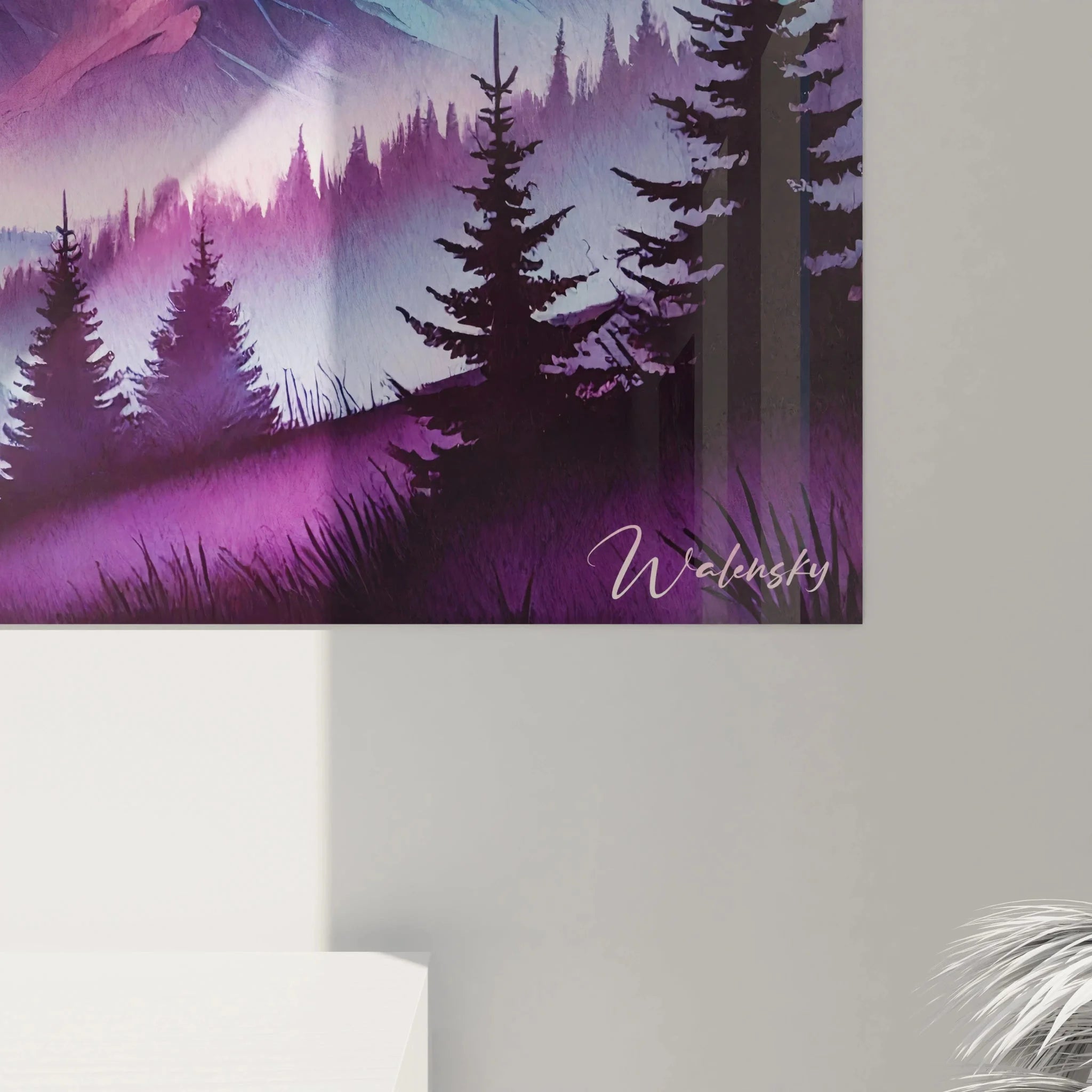 Gesamtansicht Wandbild Aurora Borealis Berglandschaft, komplette Nordlicht Szene mit Wald und Bergsee