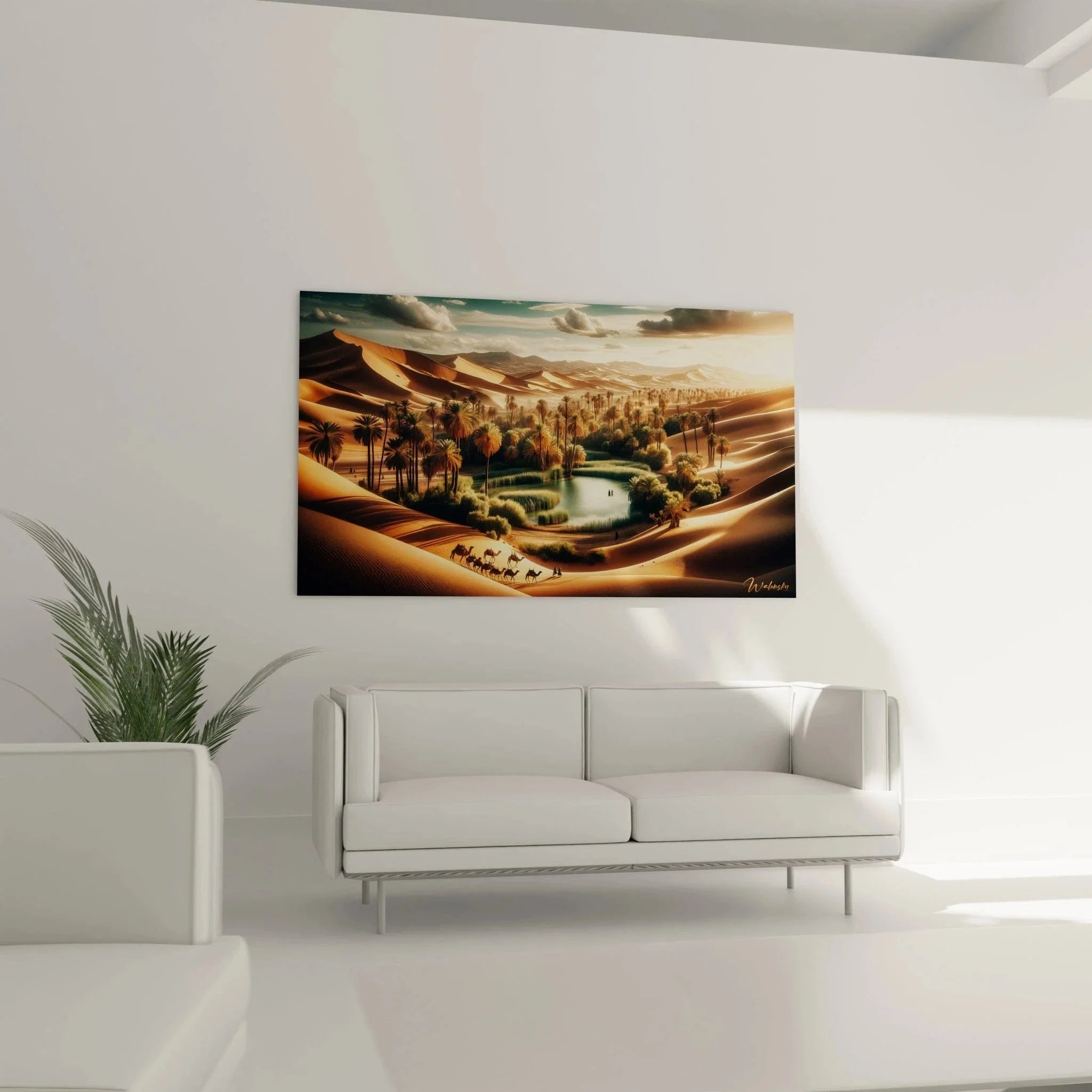 Detailaufnahme Wandbild Oase zeigt kristallklares Wasser umgeben von Dattelpalmen in der Wüste