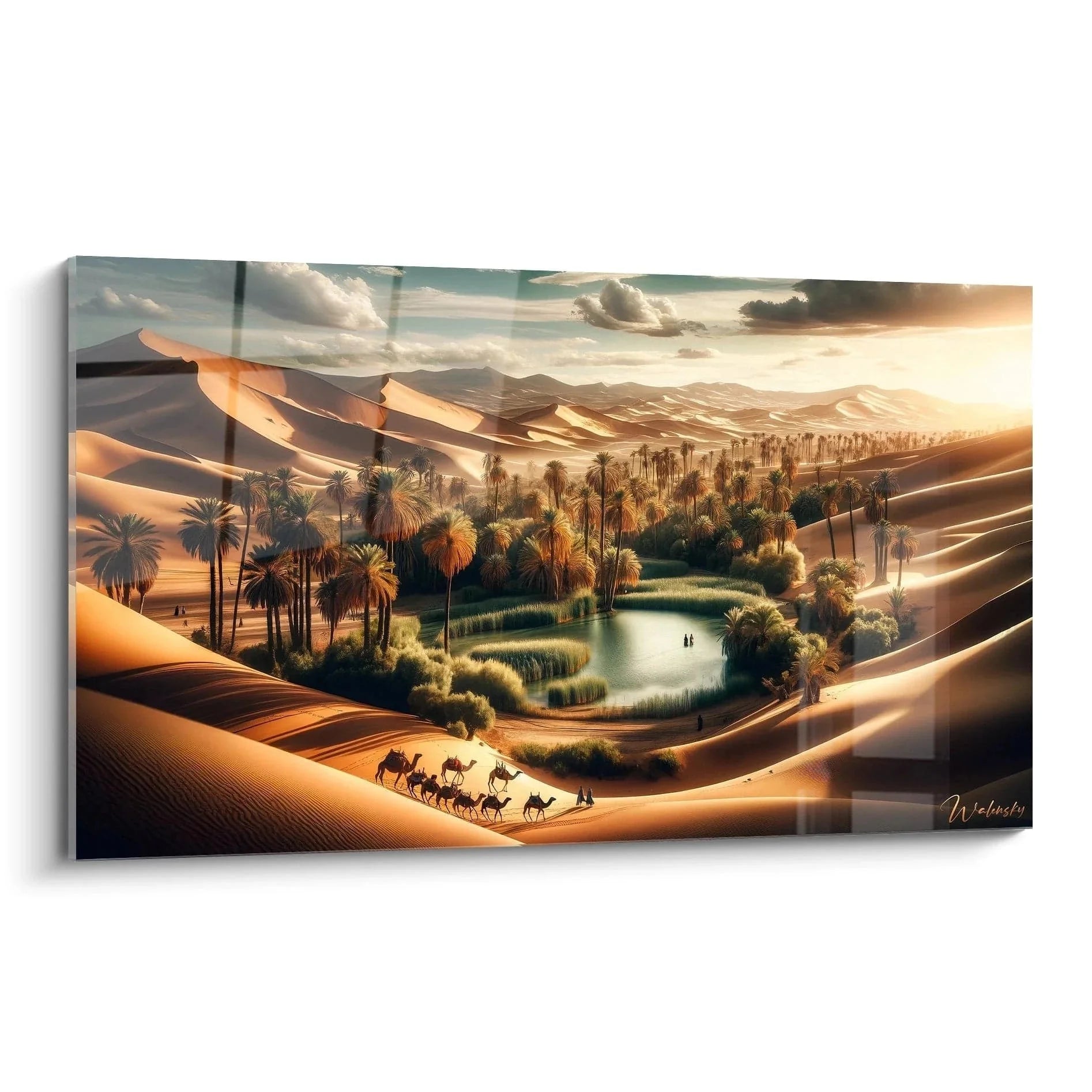 Wandbild Wüstenoase mit Kamelkarawane, Palmen und goldenen Sanddünen bei Sonnenuntergang