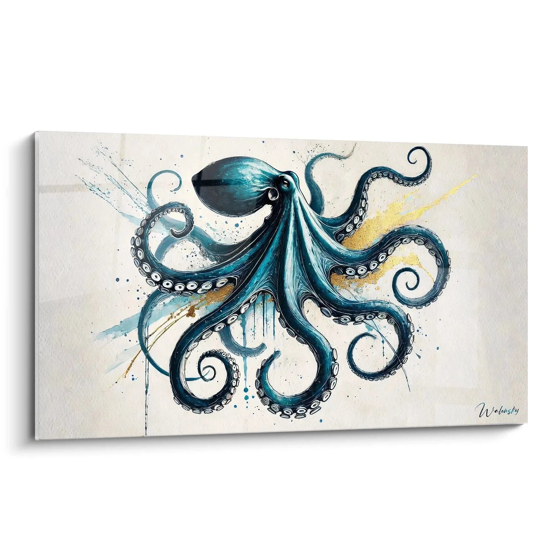 Wandbild Oktopus Aquarell - Künstlerische Darstellung eines blauen Tintenfischs mit dynamischen Tentakeln