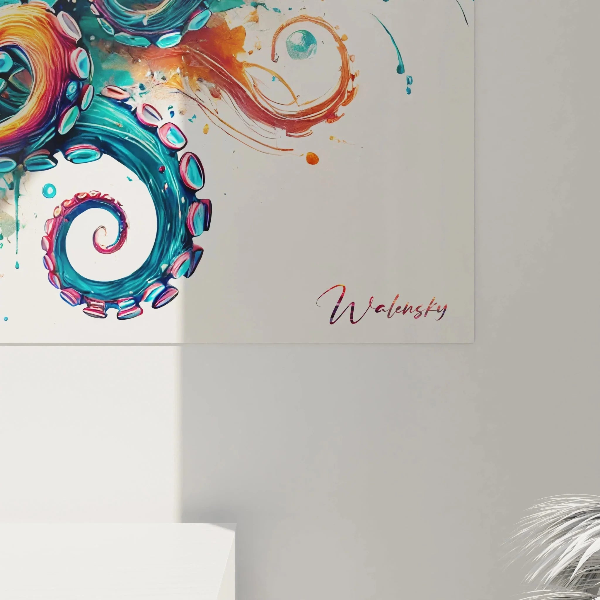 Gesamtansicht Wandbild Oktopus abstrakt - komplette Farbexplosion mit Spritzern und Wirbeln