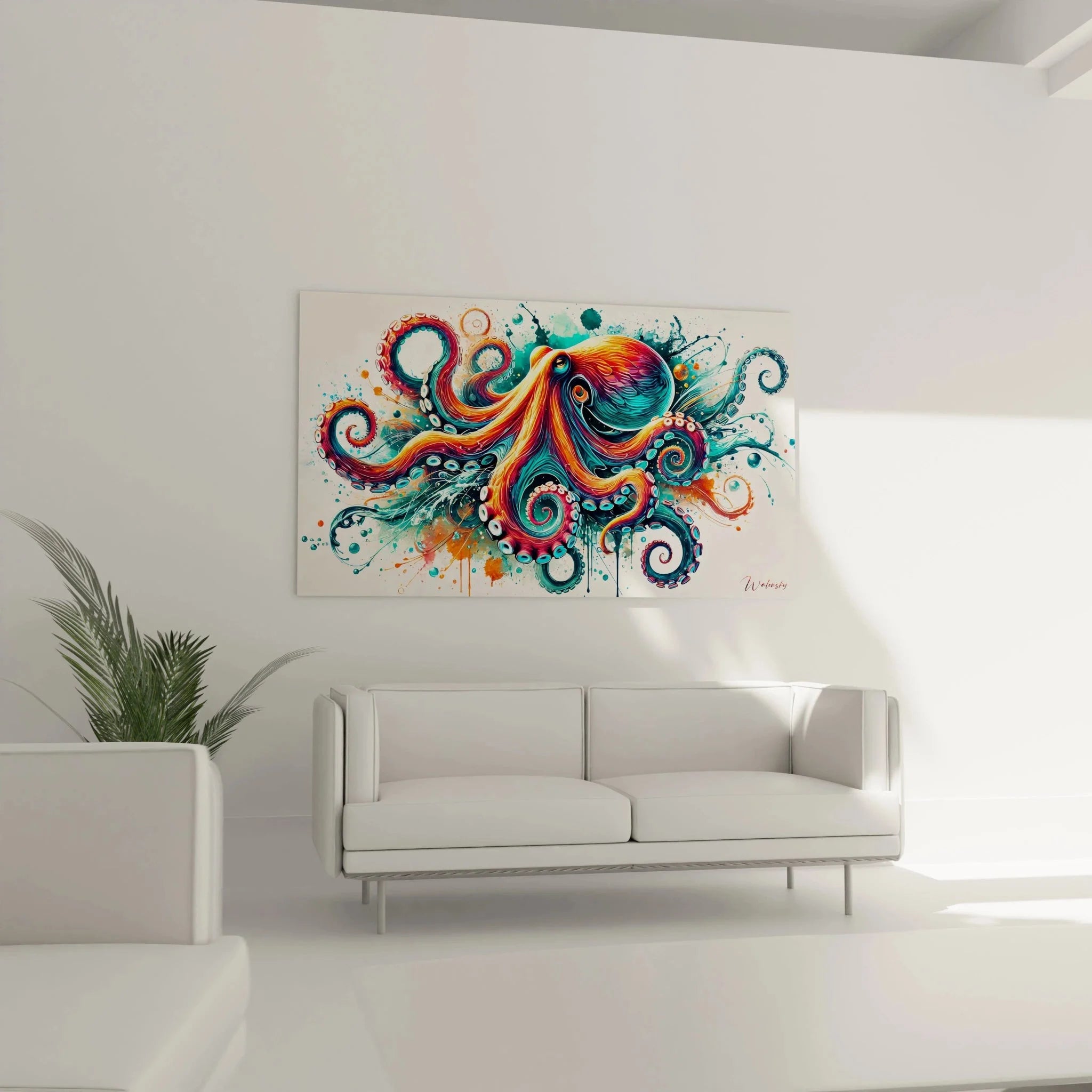 Nahaufnahme Wandbild Oktopus - Details der Tentakel und Saugnäpfe in abstrakter Farbgebung