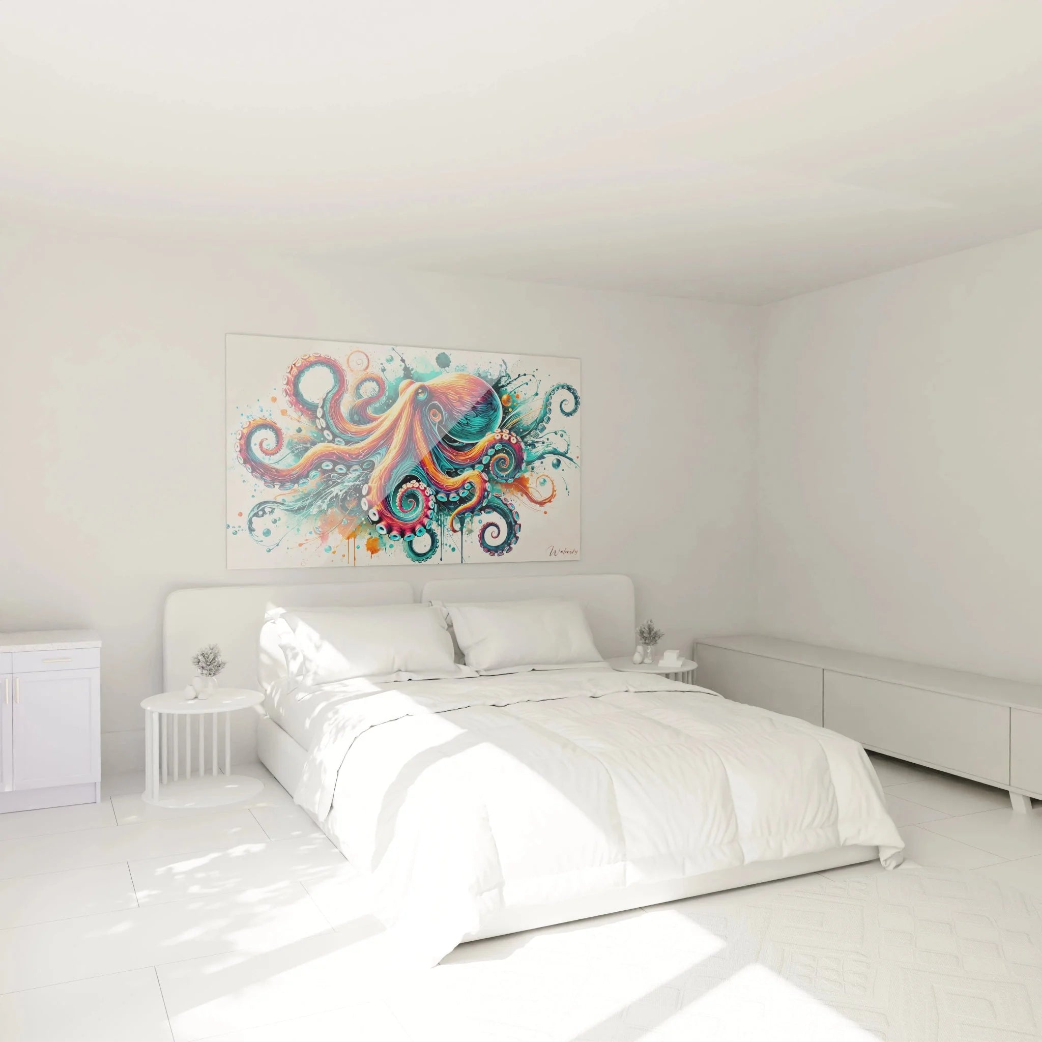 Wandbild Oktopus abstrakt hängend im Schlafzimmer - moderne Wanddekoration mit leuchtenden Farben