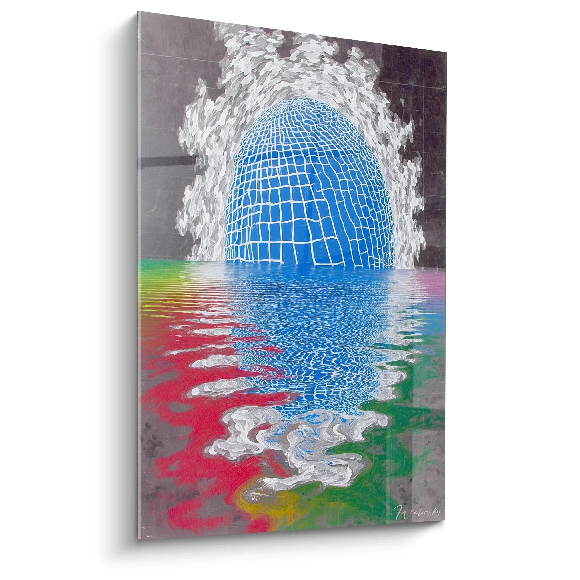 Wandbild Op Art geometrische blaue Kugel mit Wasserfontänen und bunten Reflexionen