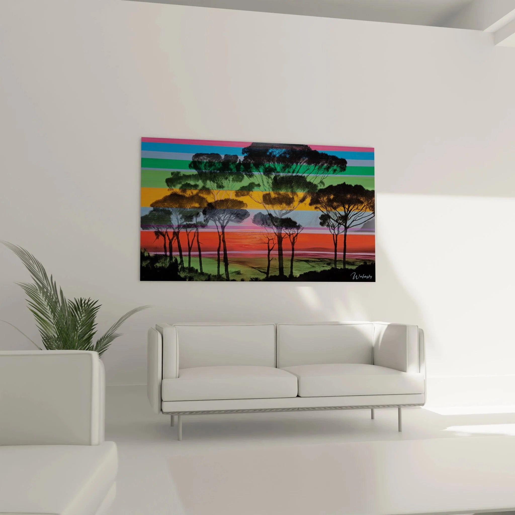 Detailansicht Wandbild Op Art Landschaft, geometrische Farbstreifen und Baumsilhouetten Nahaufnahme