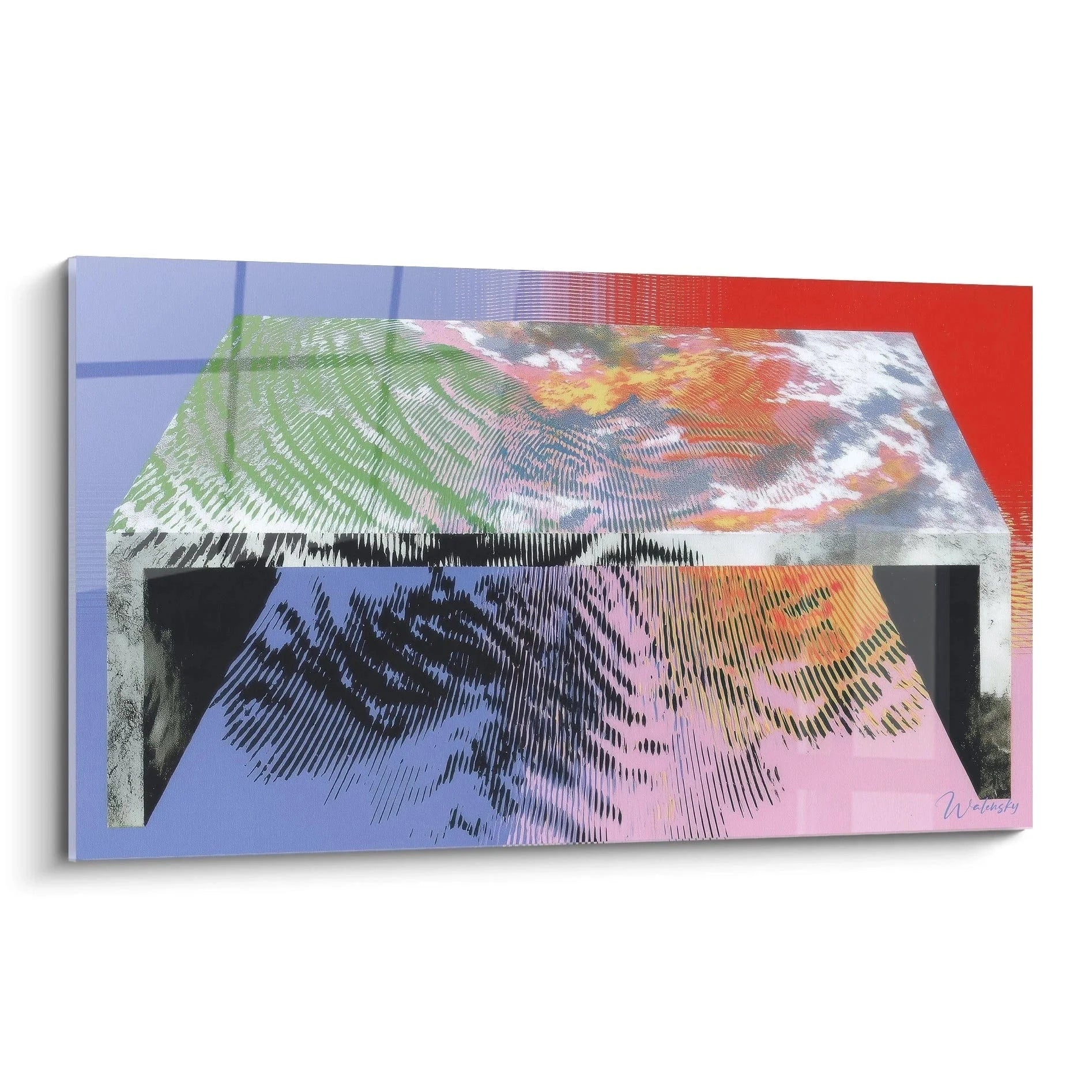 Wandbild Op Art Tisch mit kinetischen Streifenmustern in Grün, Rot und Blau Farbtönen