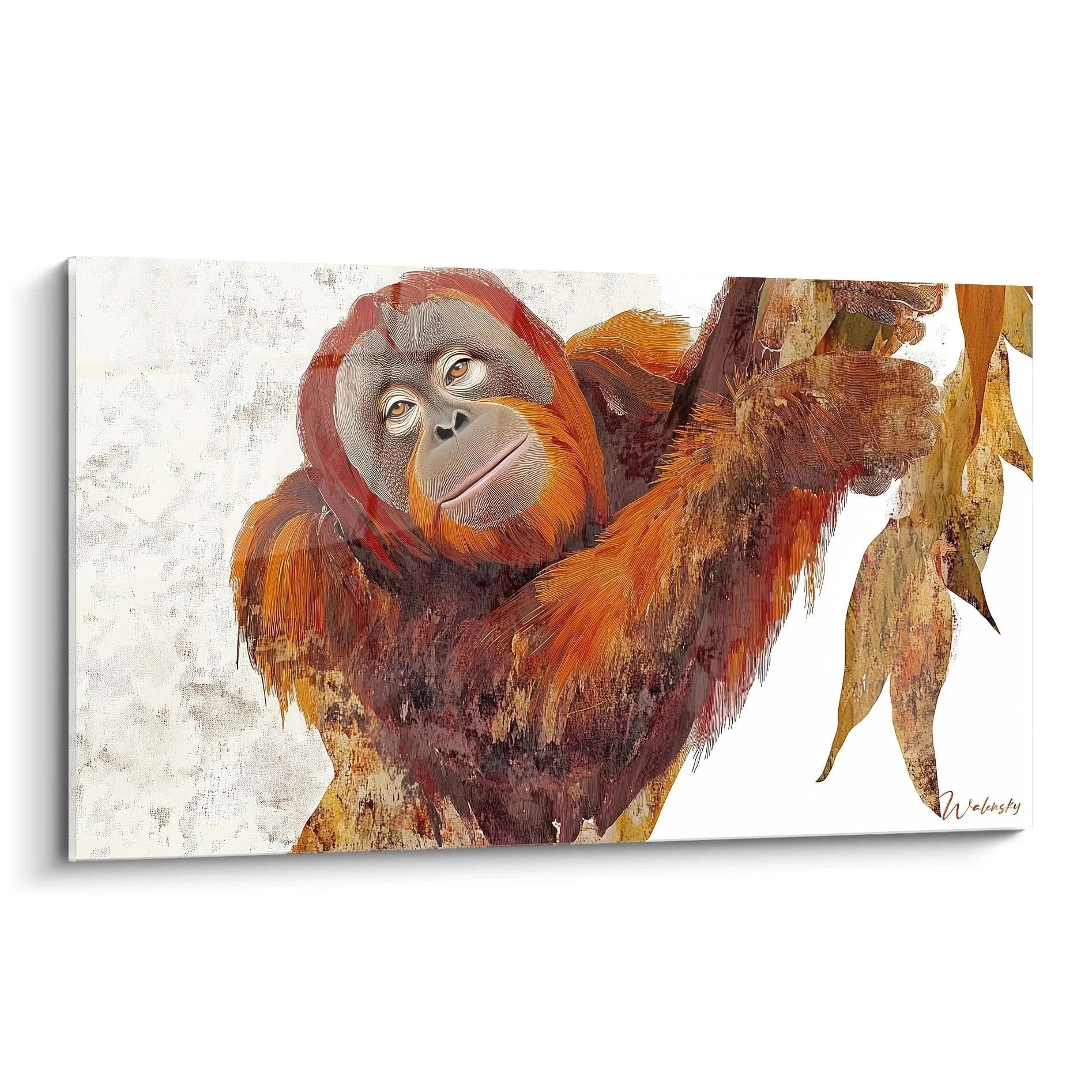 Wandbild Orang-Utan hängend am Baum, warme Erdtöne, majestätischer Primaten-Kunstdruck für Wanddekoration