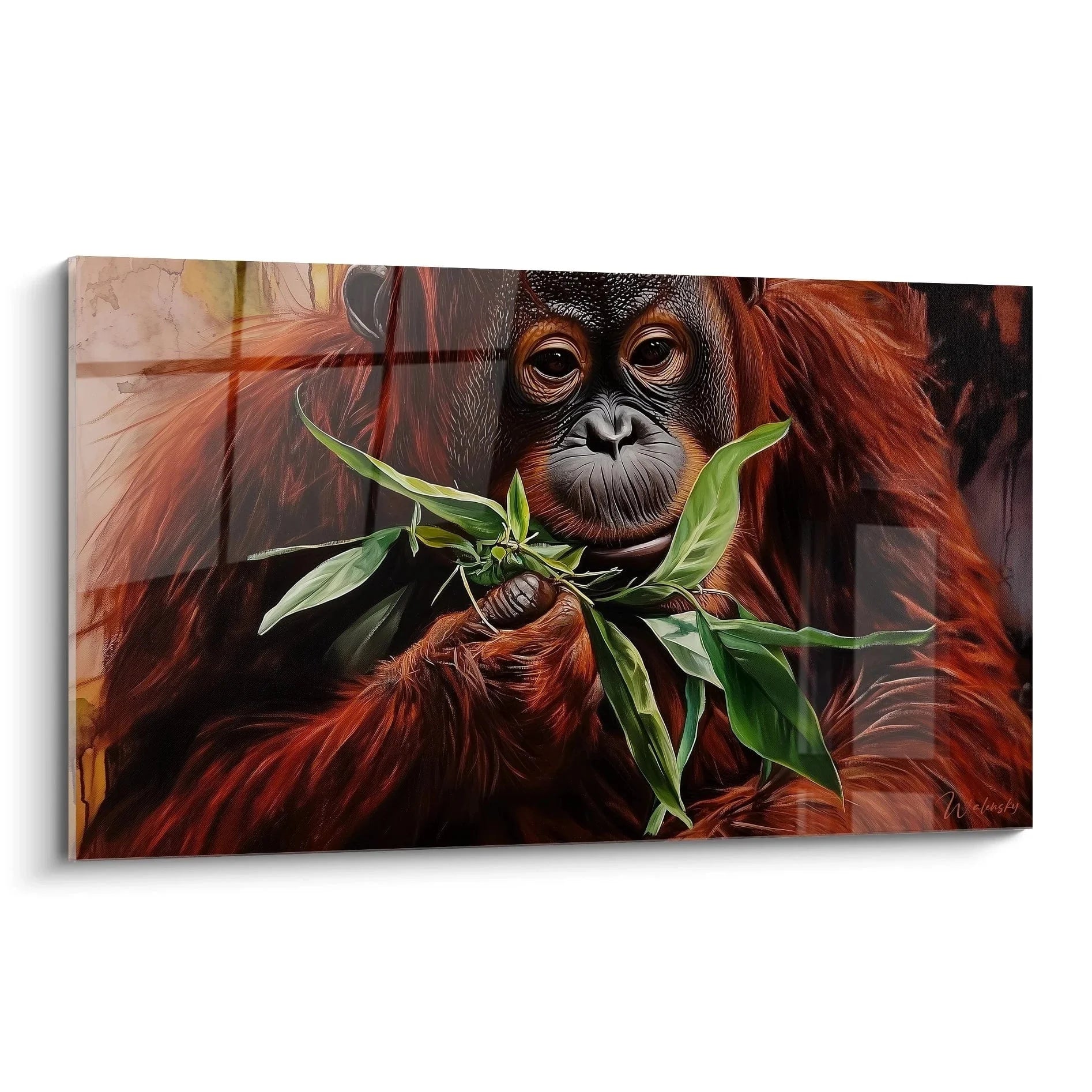 Wandbild Orang-Utan mit grünen Blättern - Kunstdruck Primat in warmen Erdtönen für Wohnzimmer Dekoration