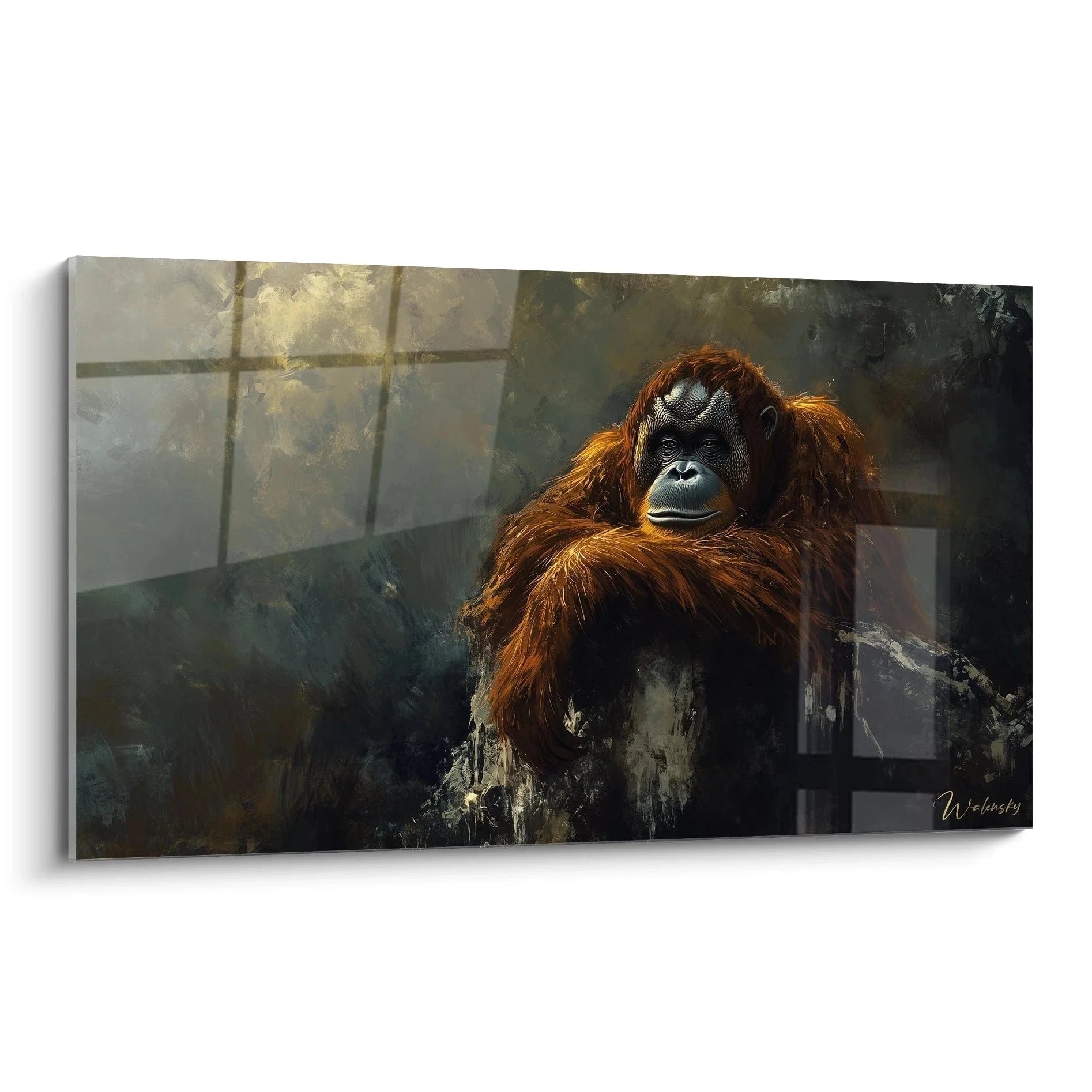 Nachdenklicher Orang-Utan Wandbild mit melancholischem Blick und verschränkten Armen vor Fensterhintergrund