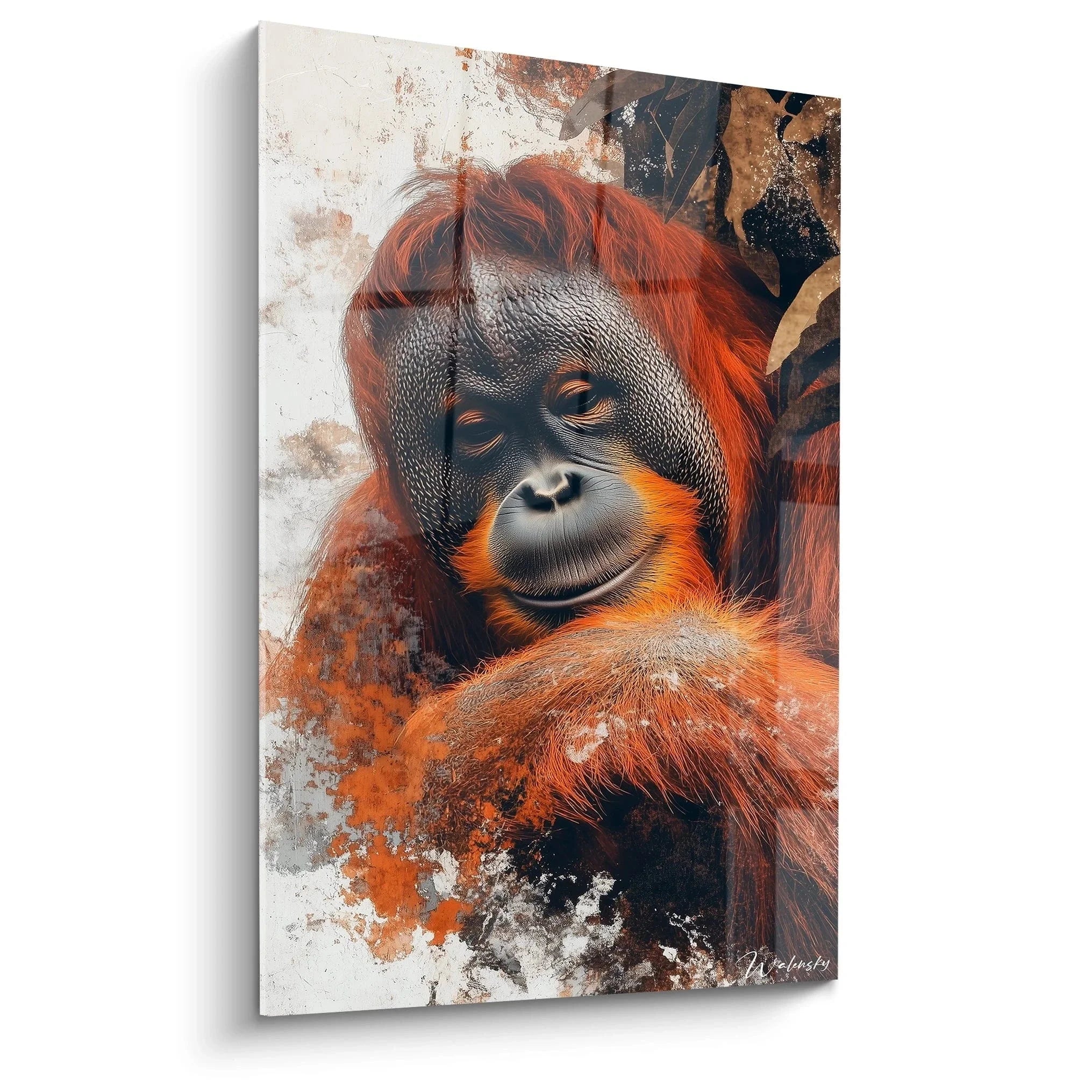 Wandbild Orang-Utan Portrait mit majestätischem Blick in warmen Erdtönen und abstrakten Elementen