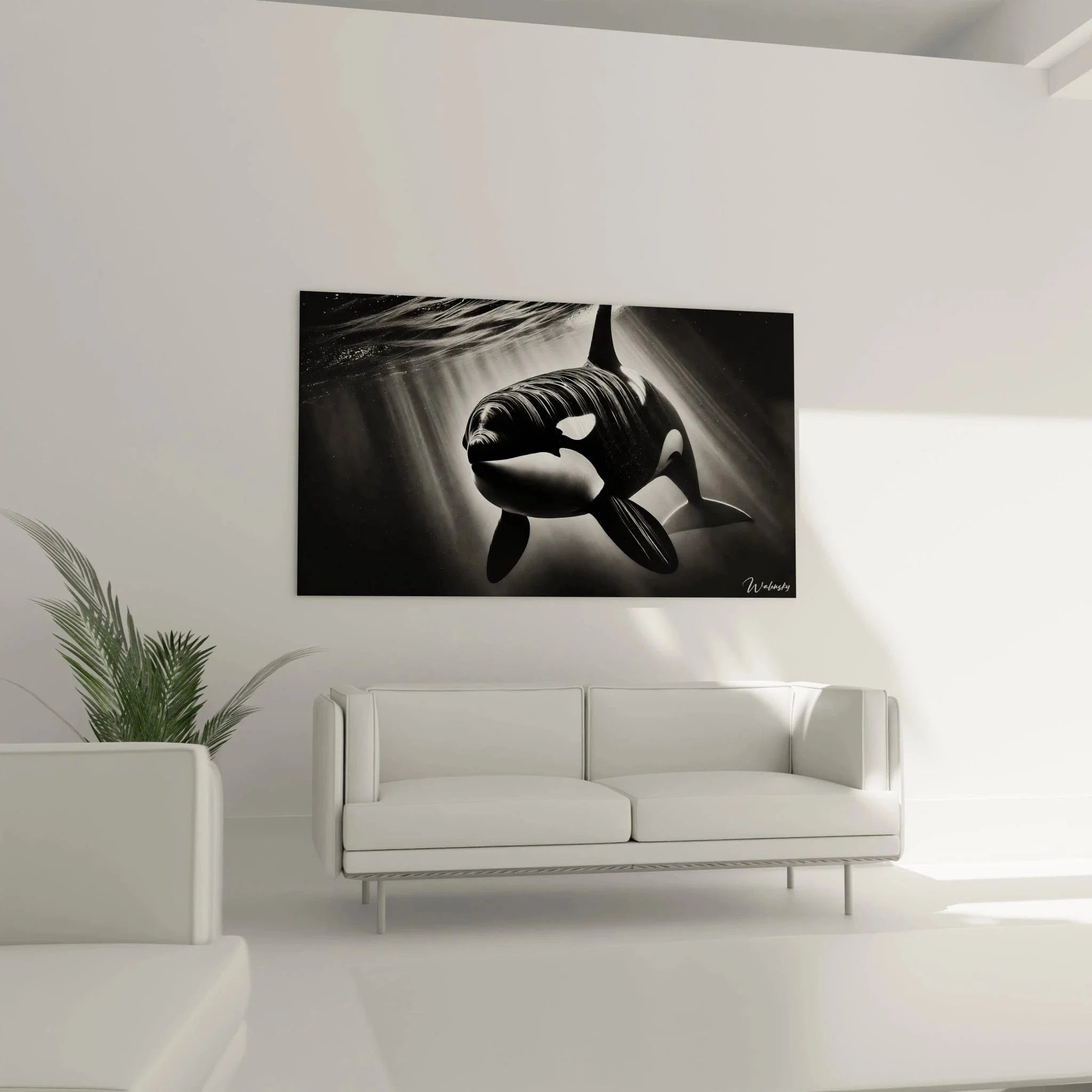 Detailansicht Wandbild Orca - Nahaufnahme des Schwertwal Kunstdrucks mit eleganter Oberflächenstruktur