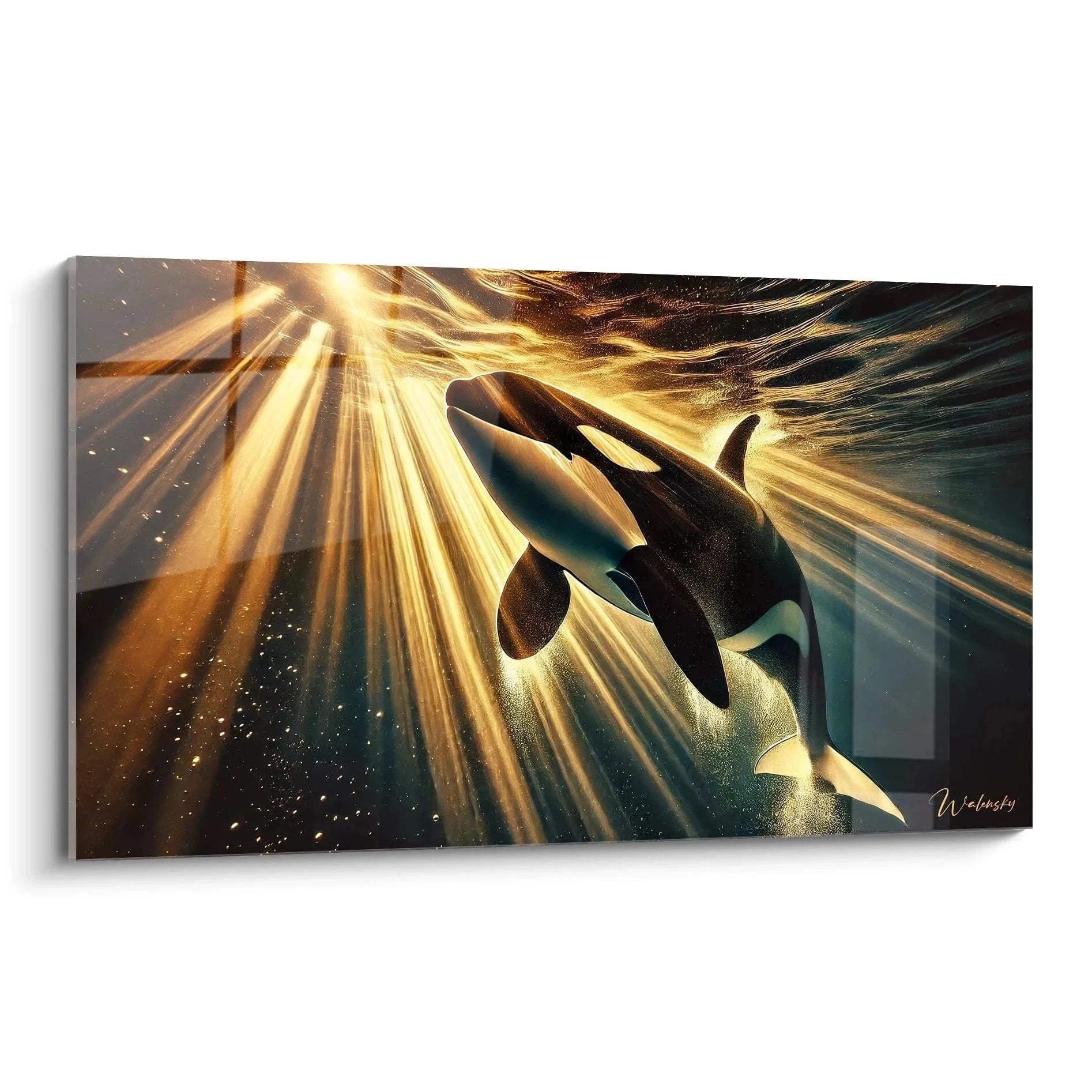 Wandbild Orca in goldenem Lichtstrahl - majestätischer Schwertwal in strahlender Unterwasserwelt