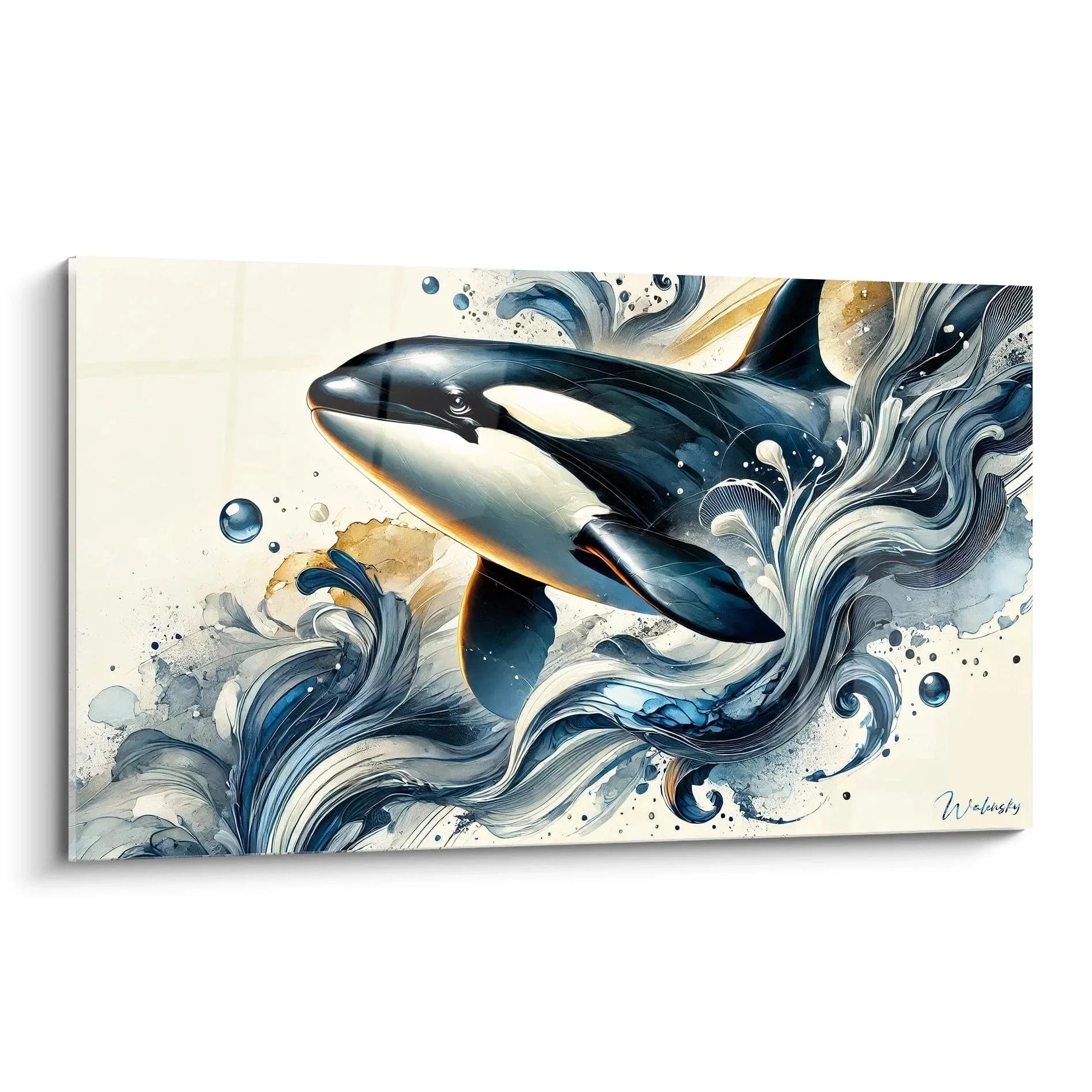 Wandbild Orca - Majestätischer Schwertwal in abstrakten blauen Wasserwellen, moderne maritime Kunstdekoration