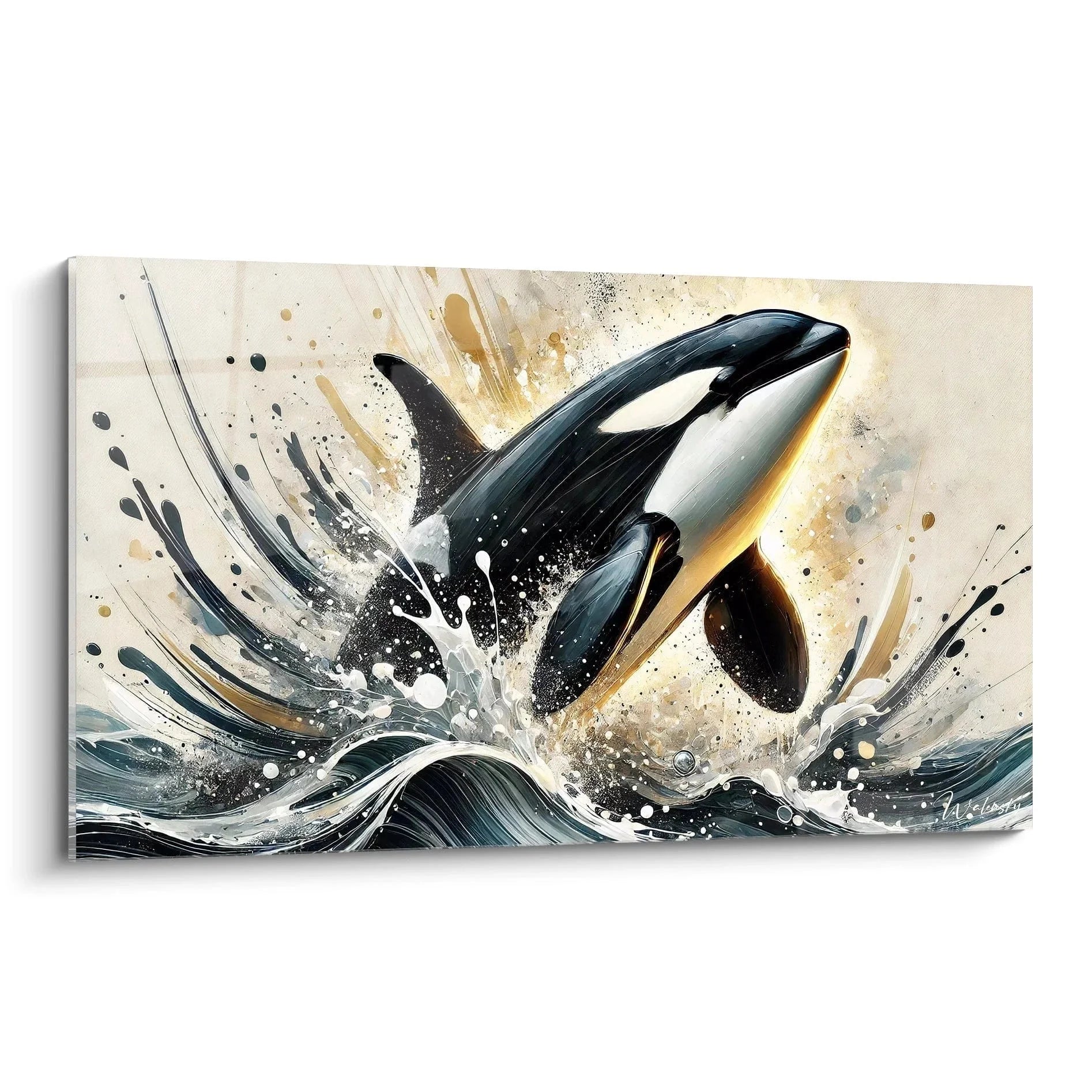 Wandbild Orca springt dynamisch aus Wasser mit Spritzeffekten und goldenen Akzenten