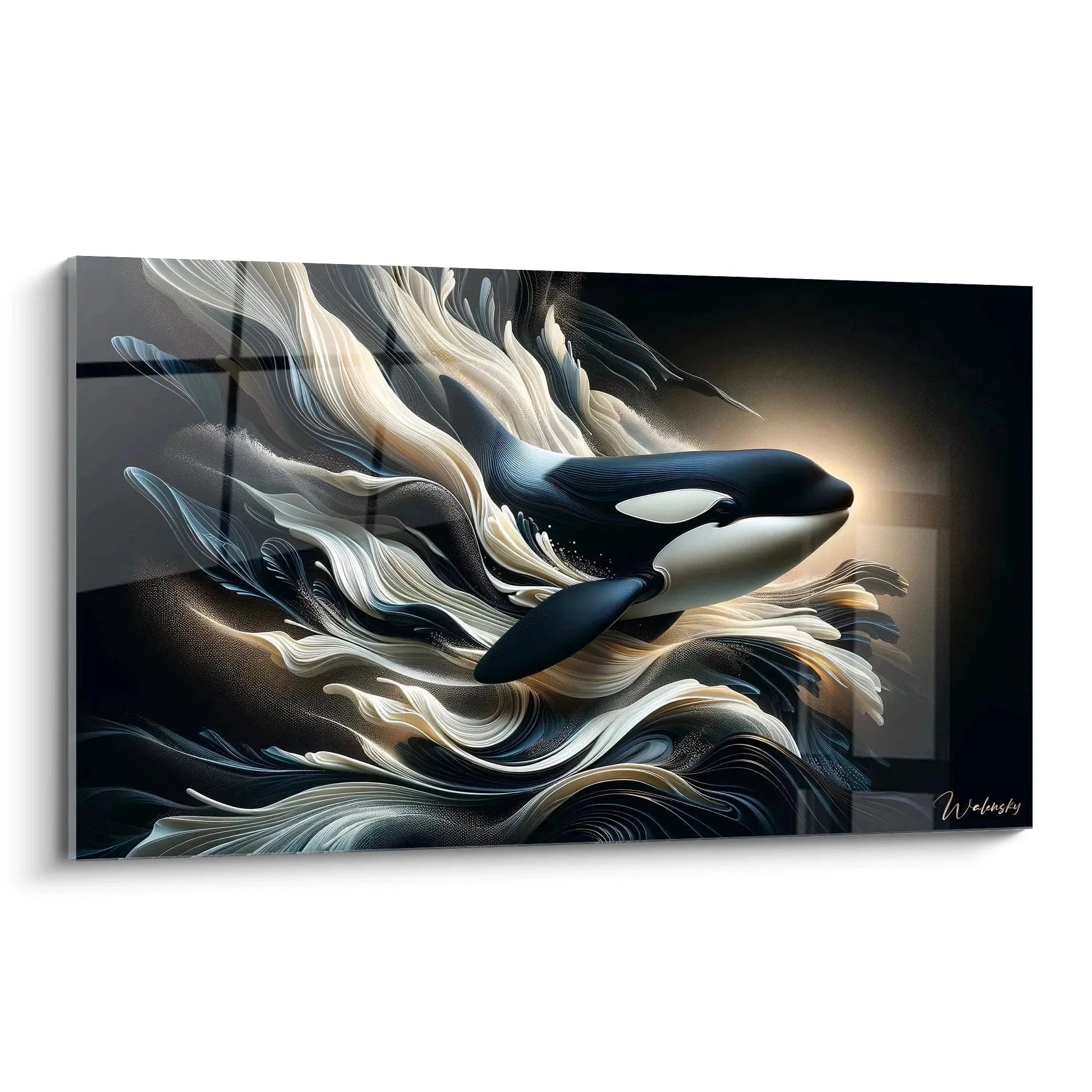 Wandbild Orca in dynamischen Wellen mit blau-goldener Farbgebung - moderne maritime Wanddekoration