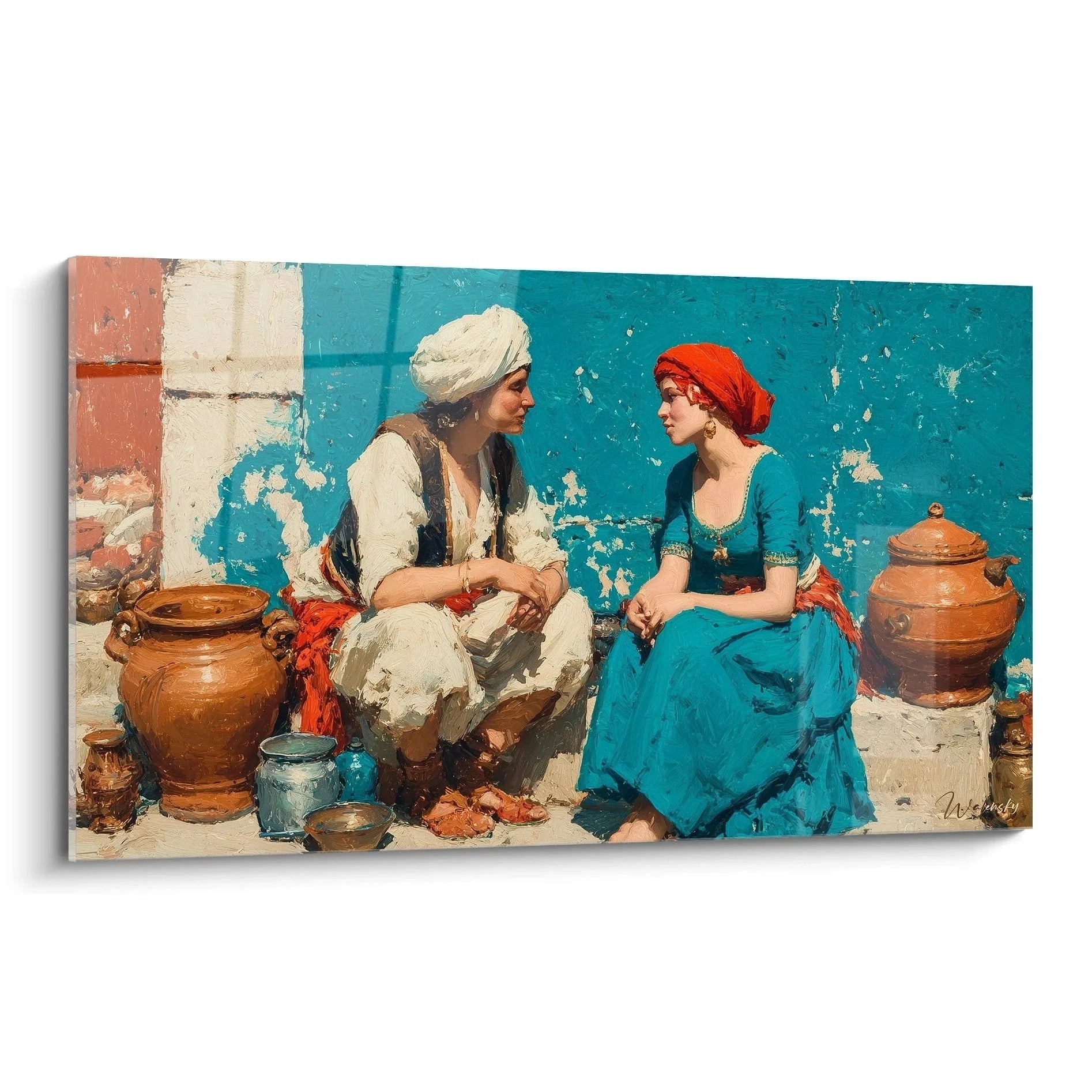Orientalisches Wandbild mit zwei Frauen am Brunnen, türkise Wand, Tonkrüge - Edition Orientalismus