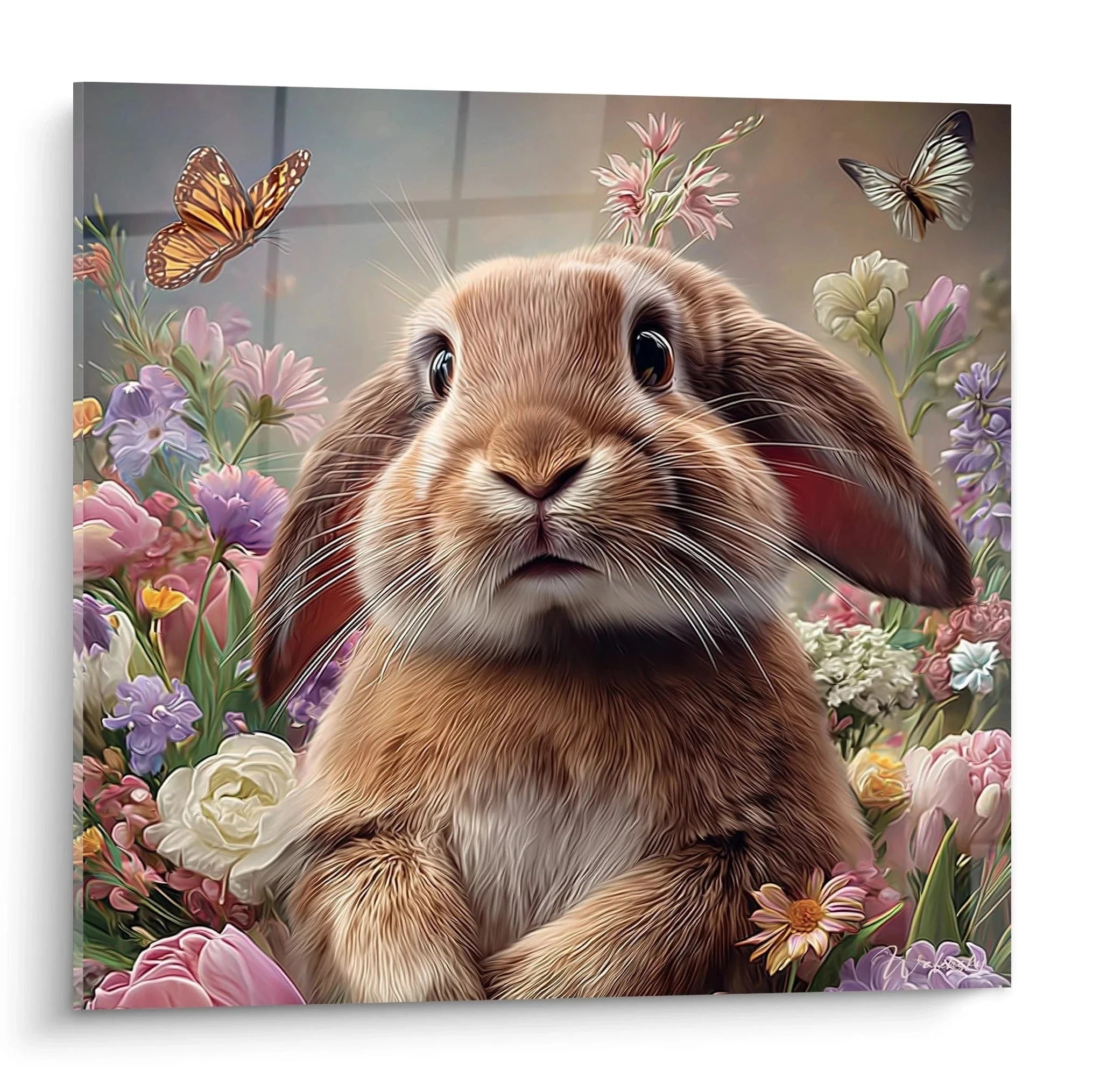 Wandbild Osterhase mit Frühlingsblüten und Schmetterlingen - Edition Ostern Wanddekoration