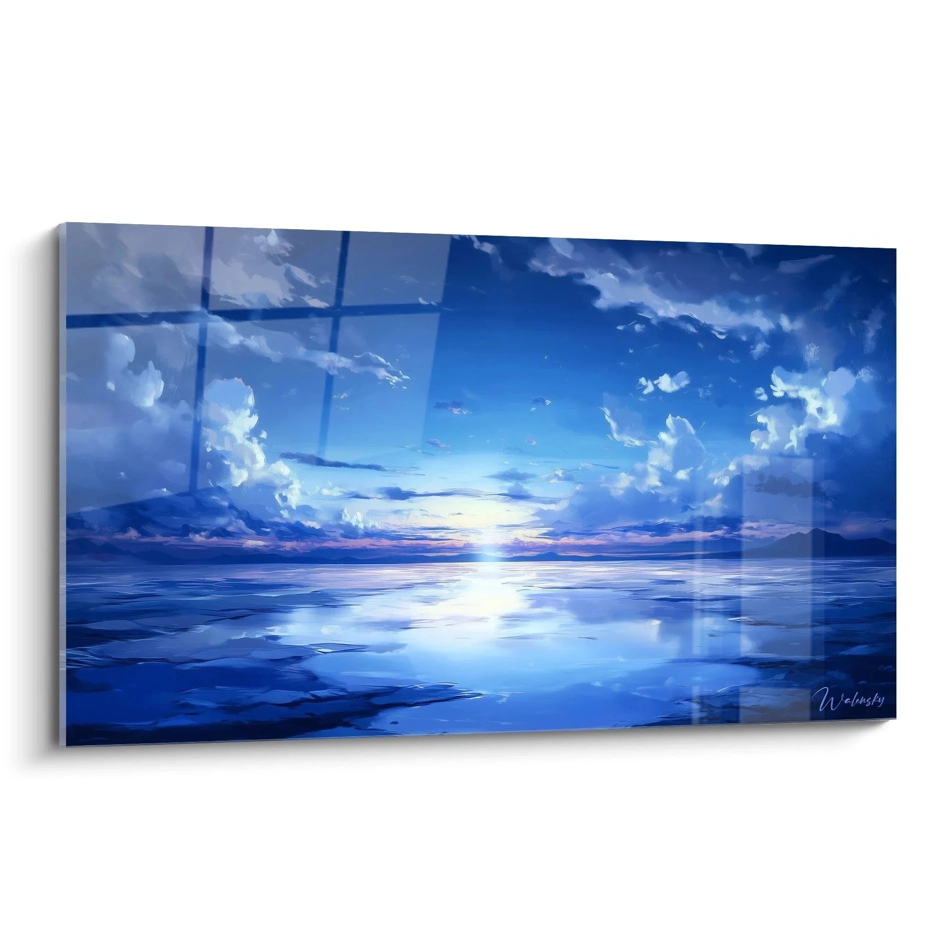 Wandbild Ozean Sonnenuntergang in Blautönen mit Fensterrahmen und Wasserspiegelung für Wanddekoration