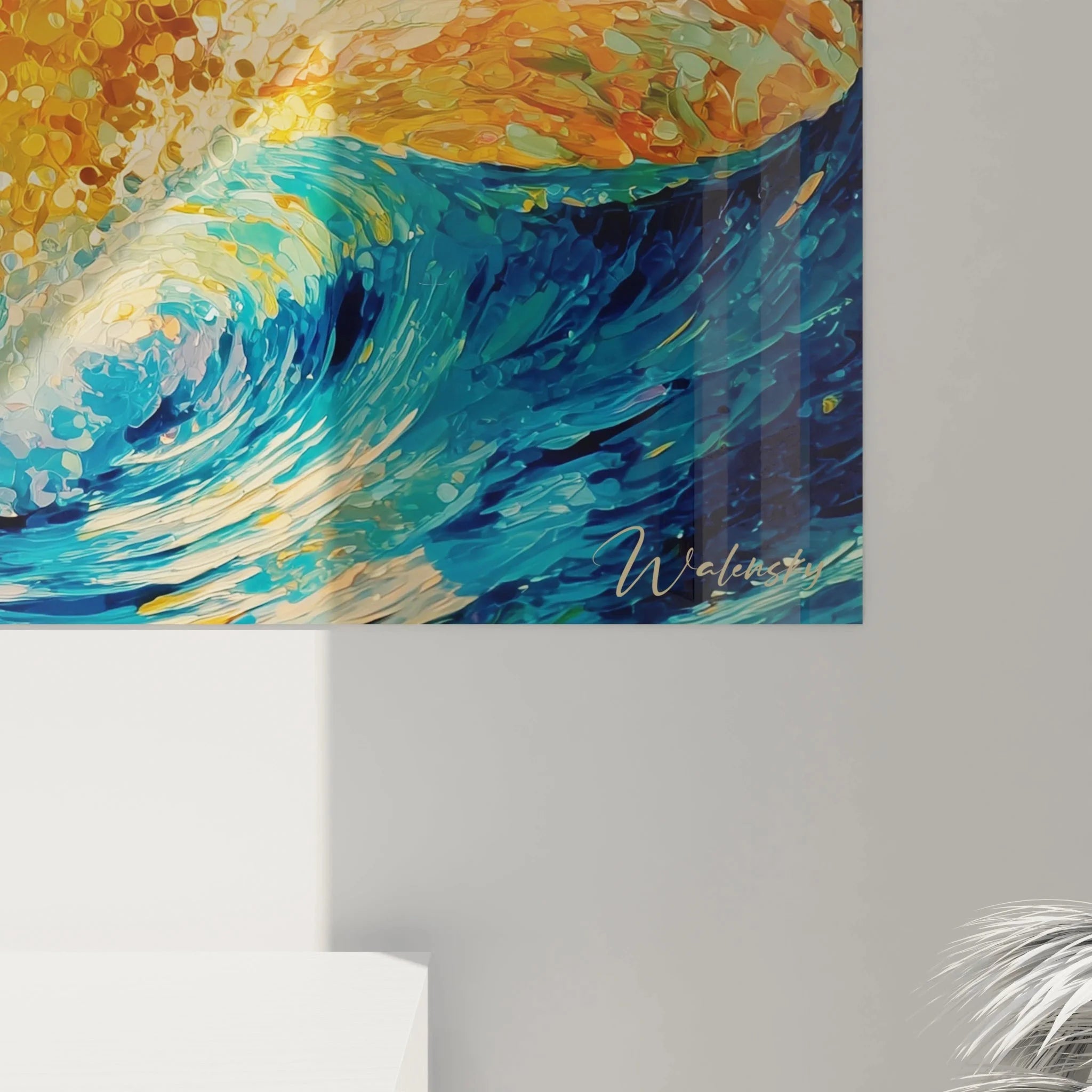 Gesamtansicht des Pointillismus Wandbildes Ozeanwelle mit kompletter Komposition und Farbspektrum