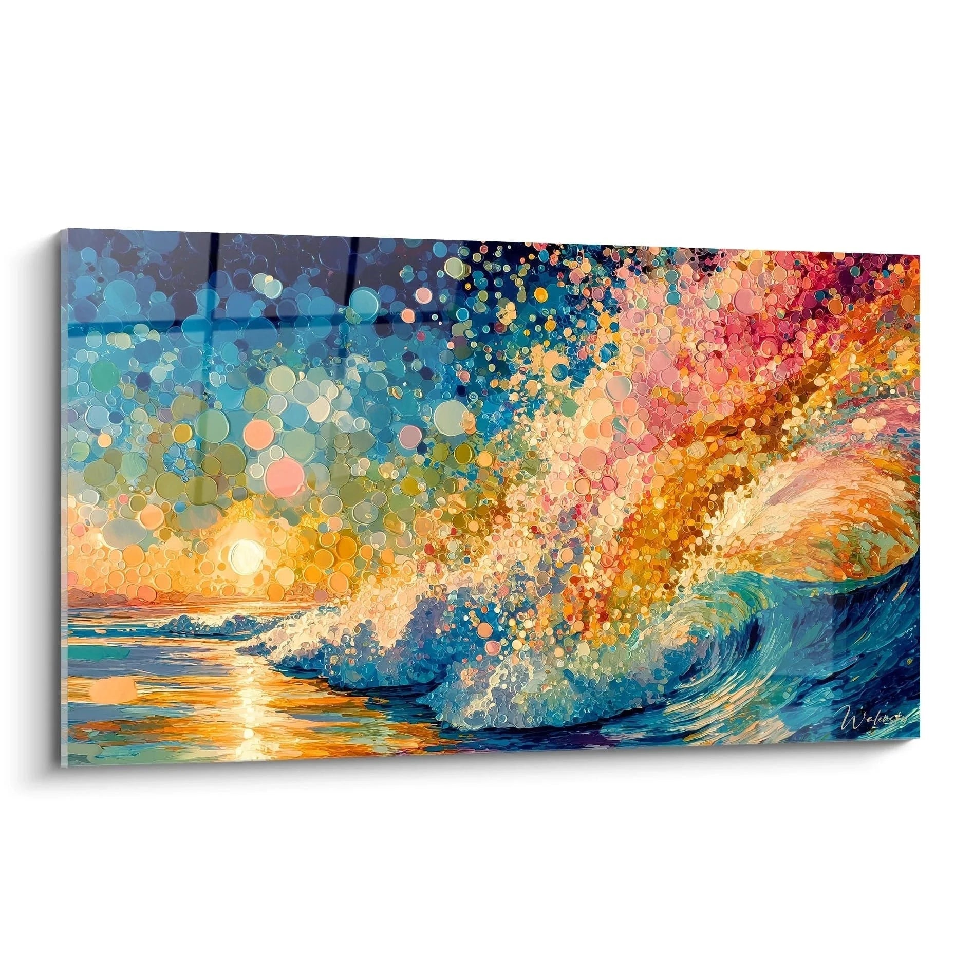 Wandbild Ozeanwelle im Pointillismus-Stil mit Sonnenuntergang und dynamischer Wellenbewegung in leuchtenden Farben
