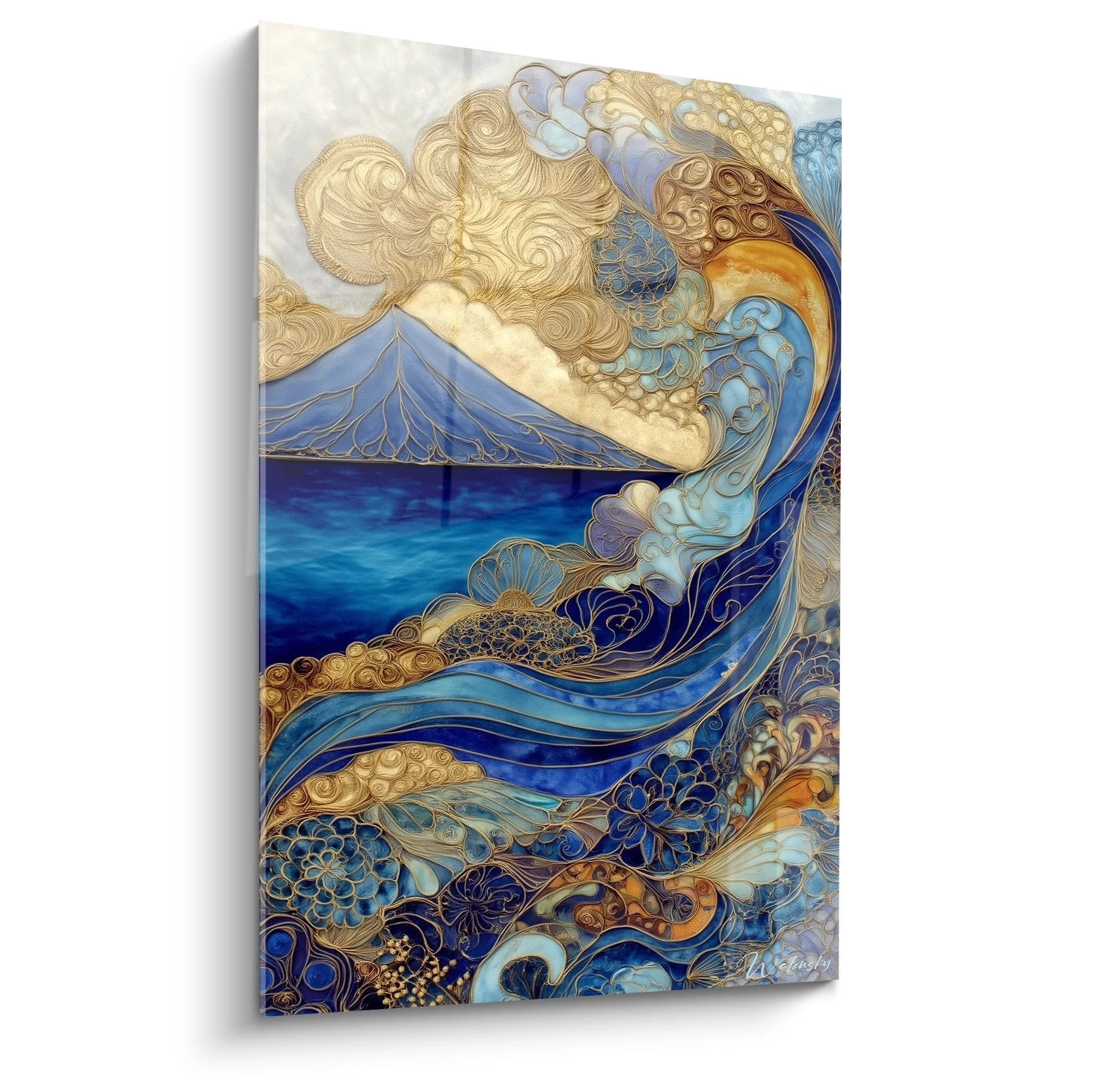 Wandbild Ozeanwellen mit goldenen Ornamenten in Blau-Gold Tönen für maritime Wanddekoration