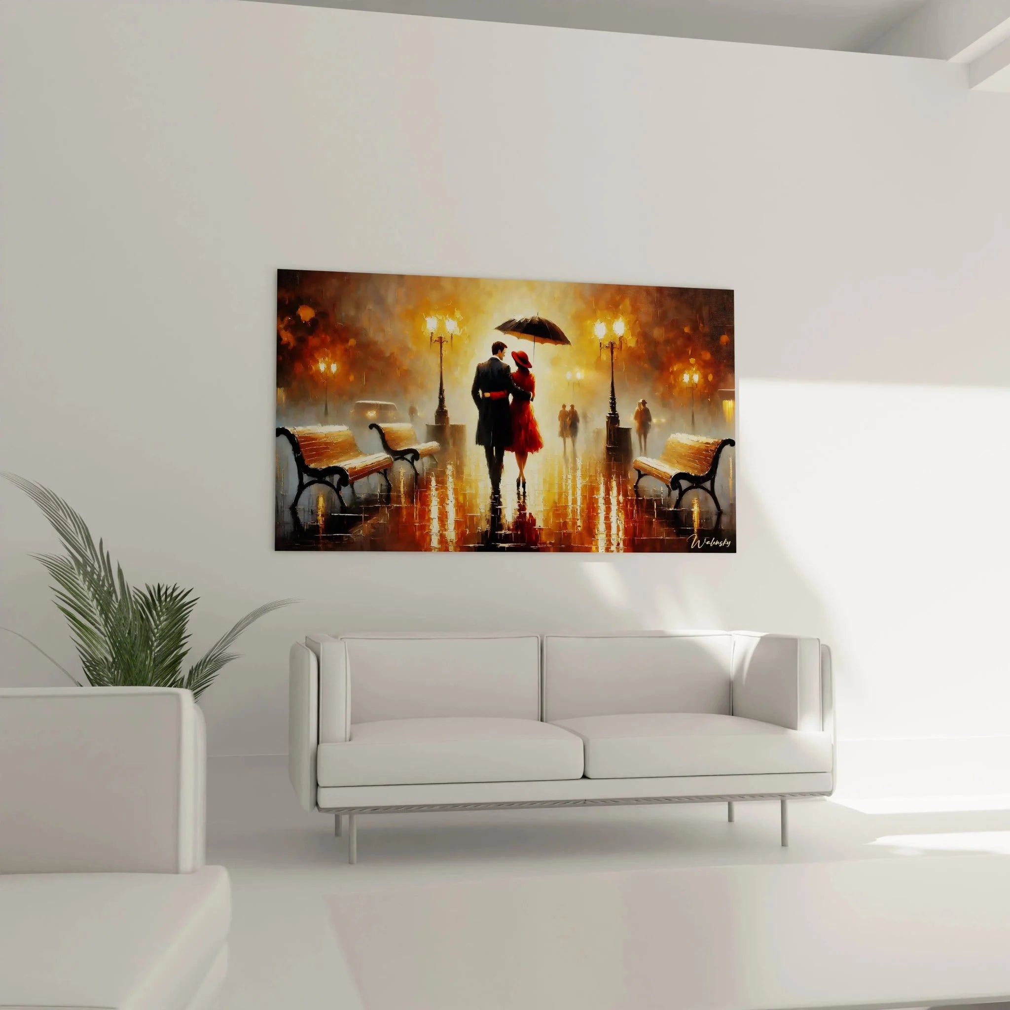 Detailaufnahme Wandbild Paar im Regen mit warmen Goldtönen und Lichtreflexionen im Pflaster