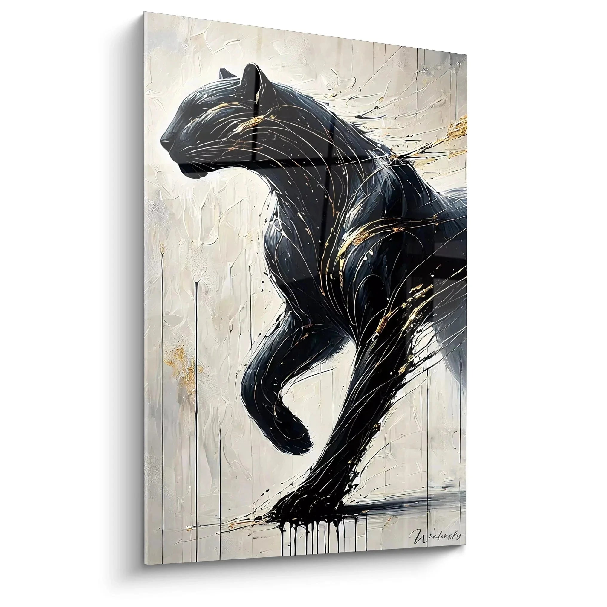 Wandbild schwarzer Panther Silhouette mit dynamischen Pinselstrichen auf hellem Hintergrund