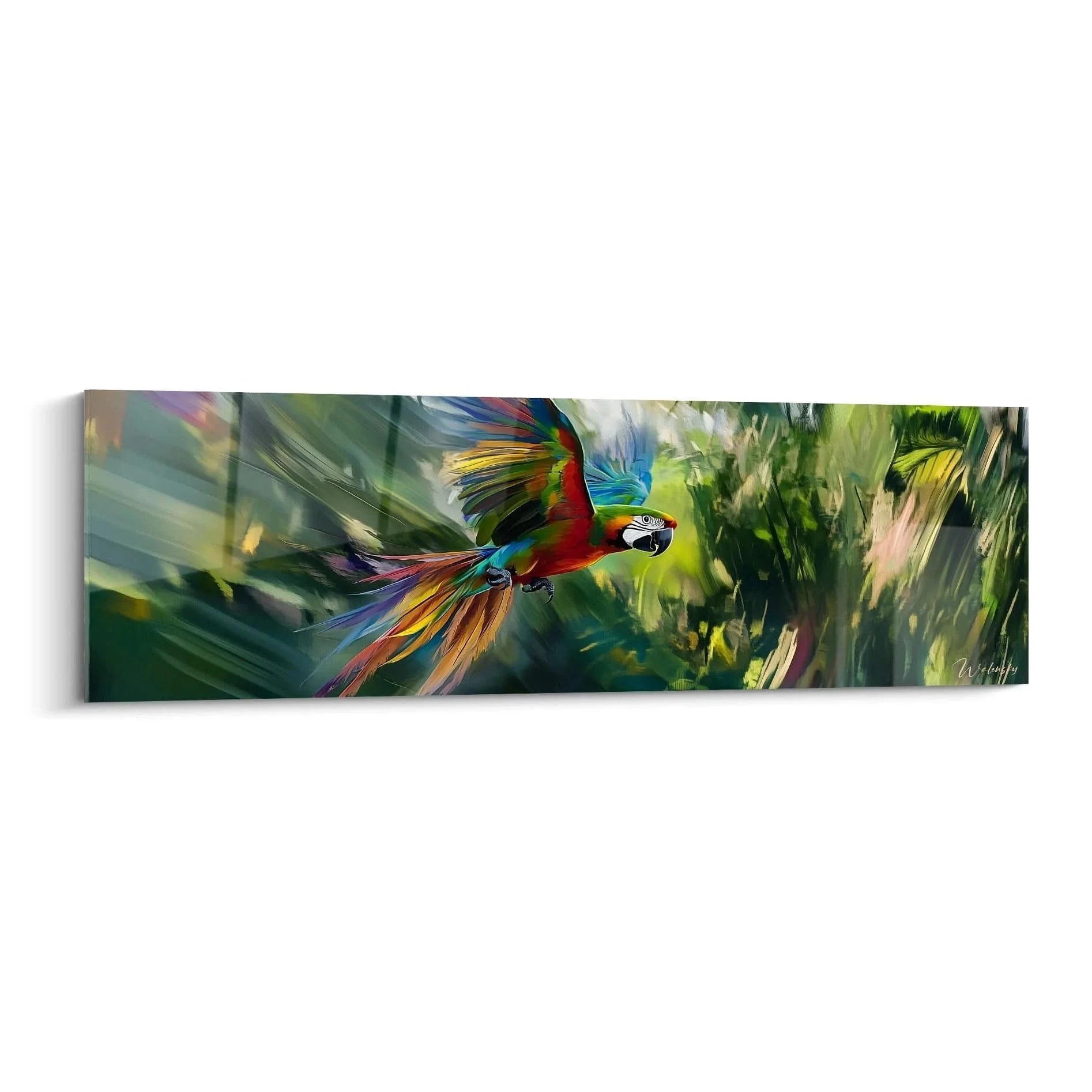 Wandbild Papagei XXL - Ara in dynamischem Flug durch tropischen Regenwald mit Bewegungsunschärfe