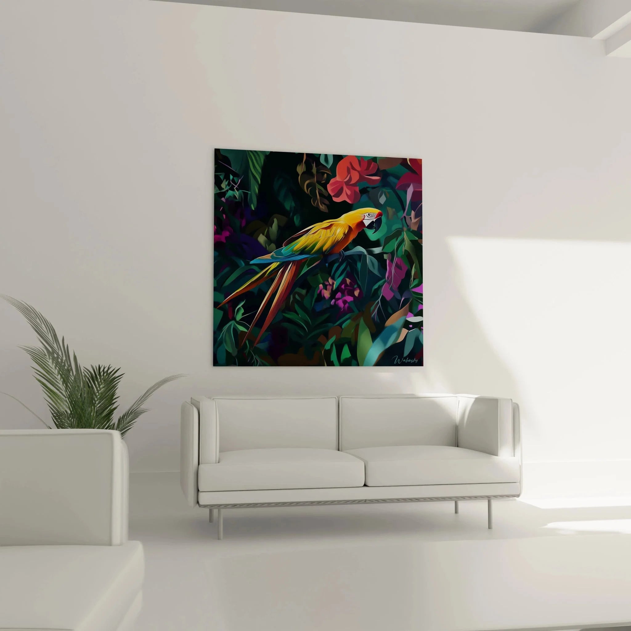 Detailansicht Wandbild Papagei - gelber Ara mit türkisblauen Flügeln zwischen exotischen Pflanzen