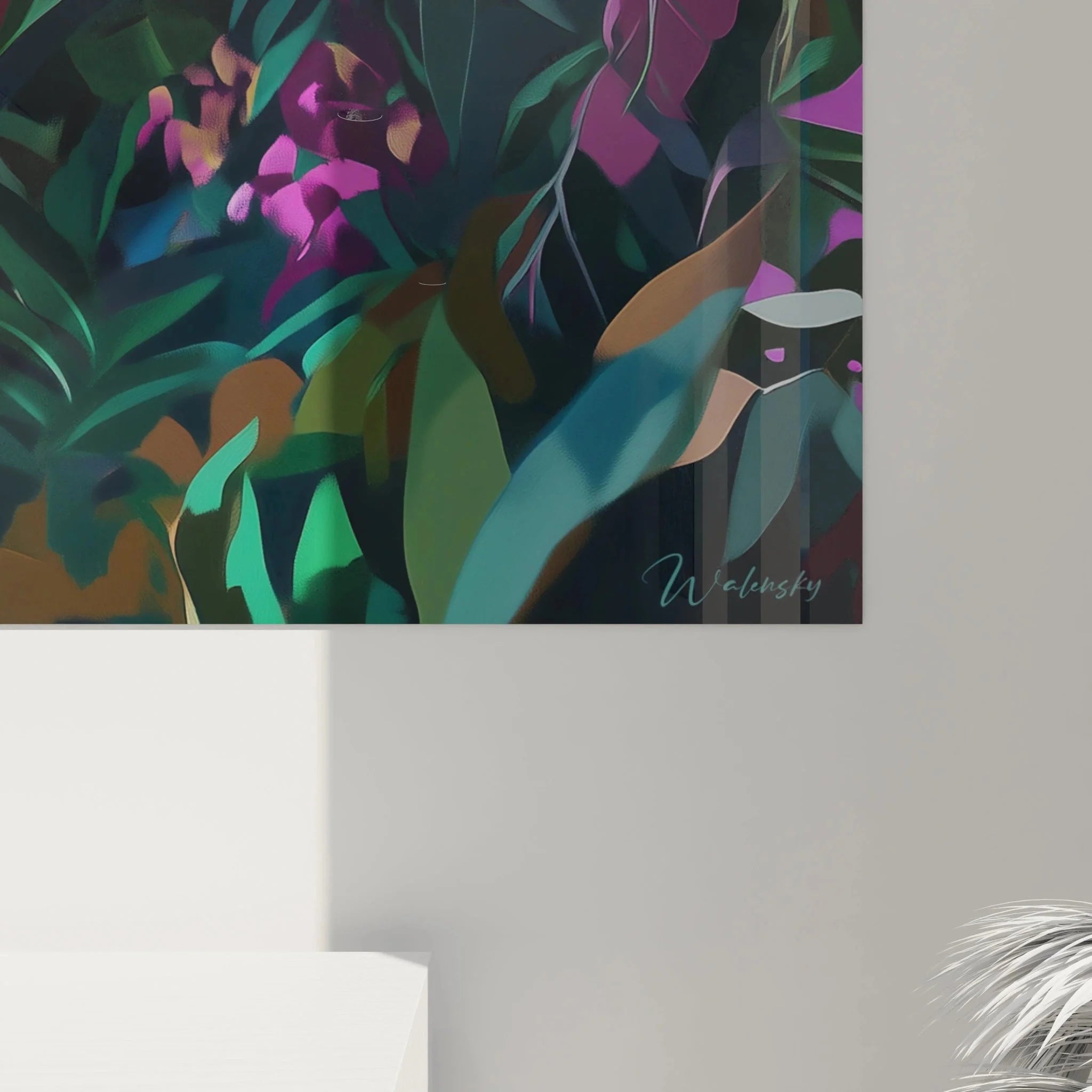 Gesamtansicht Wandbild Papagei Dschungel - bunter Ara in tropischer Pflanzenwelt als Wanddekoration