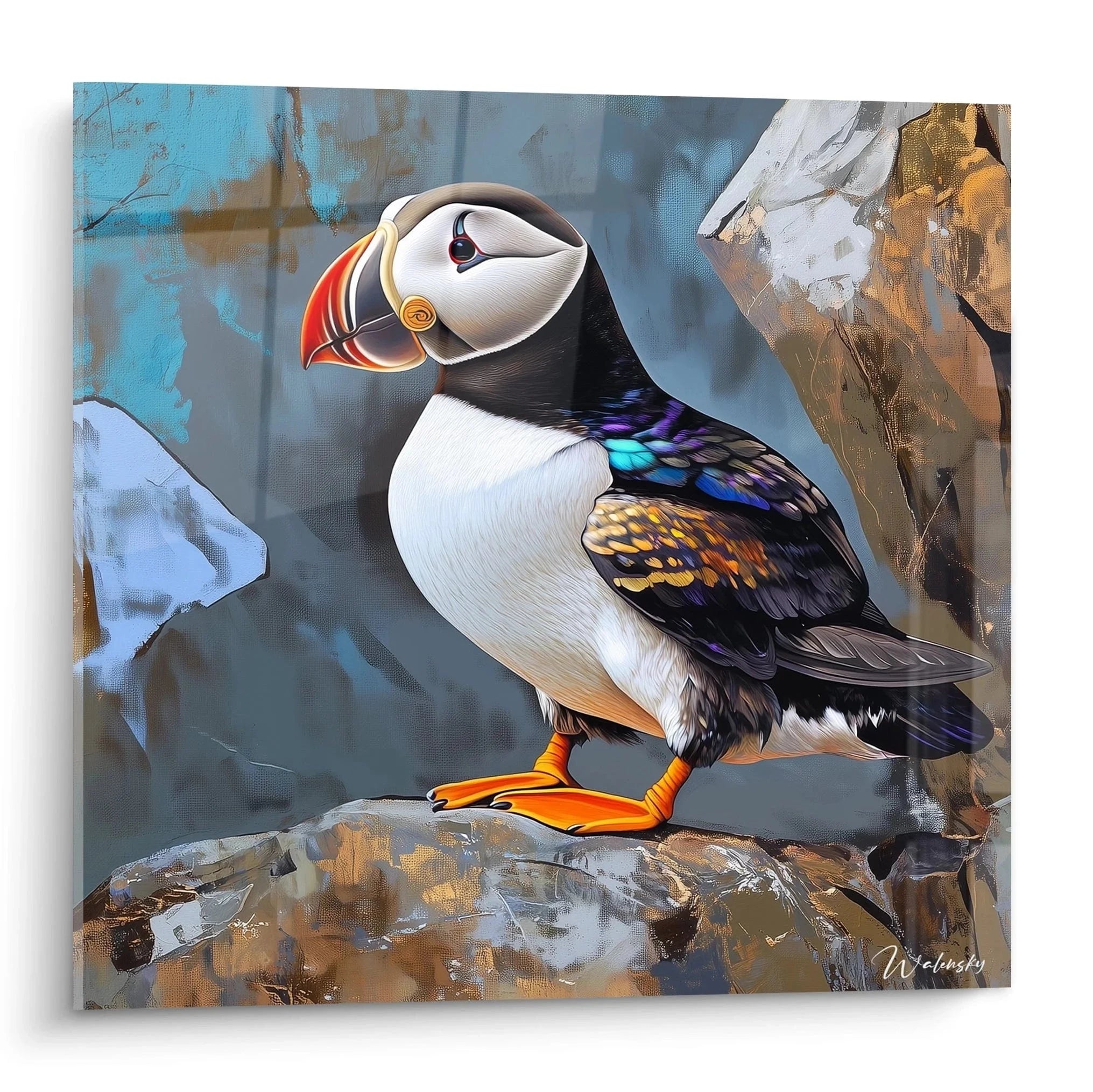 Wandbild Papageitaucher auf Klippe mit buntem Schnabel, nordische Seevogel Kunst XXL