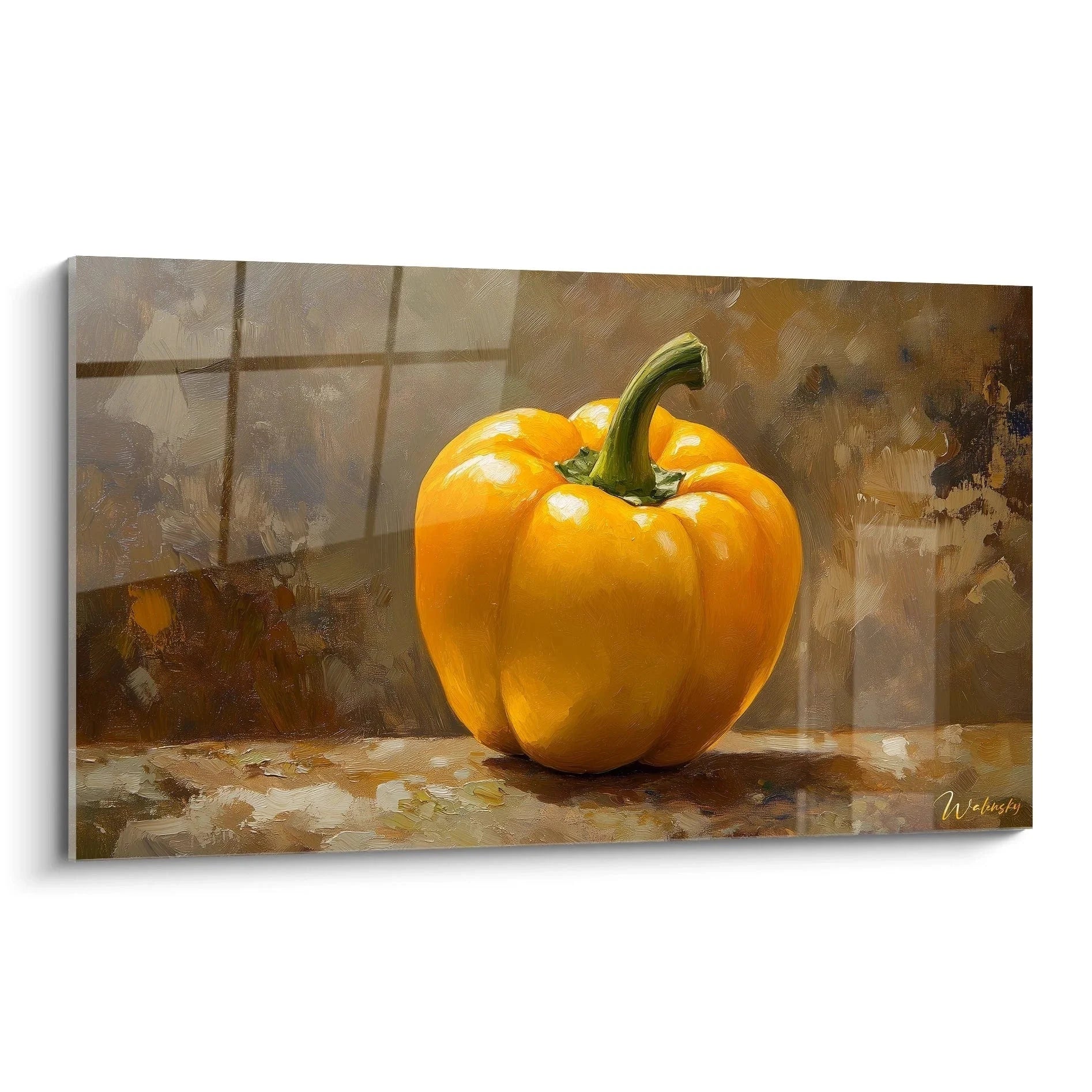 Wandbild Paprika golden orange auf Holz rustikaler Küchen Stillleben Leinwanddruck XXL