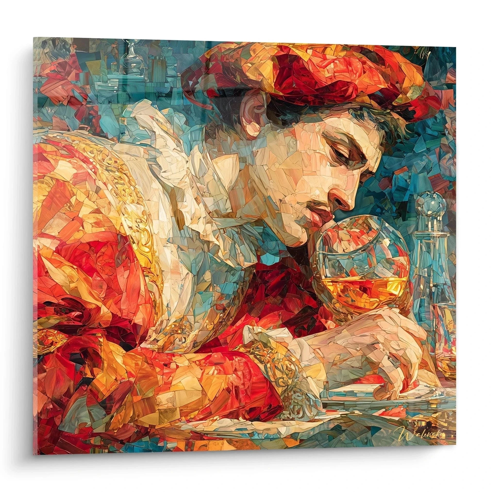Wandbild Parfüm elegante Dame Renaissance-Stil Mosaikoptik rotes Gewand