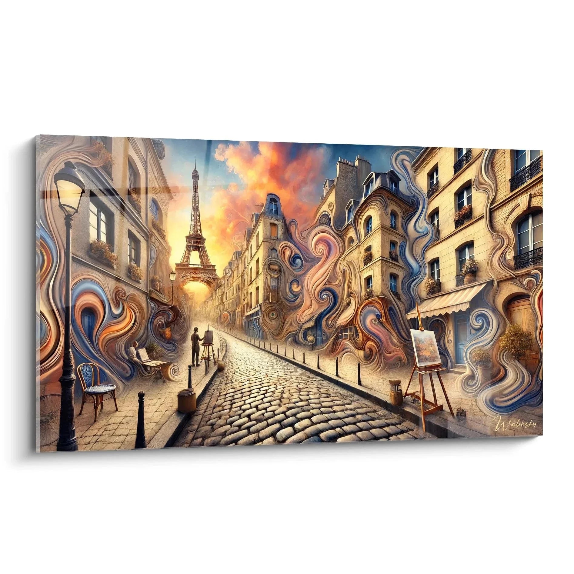 Wandbild Paris surreal mit Eiffelturm und ornamentalen Elementen auf Pariser Boulevard