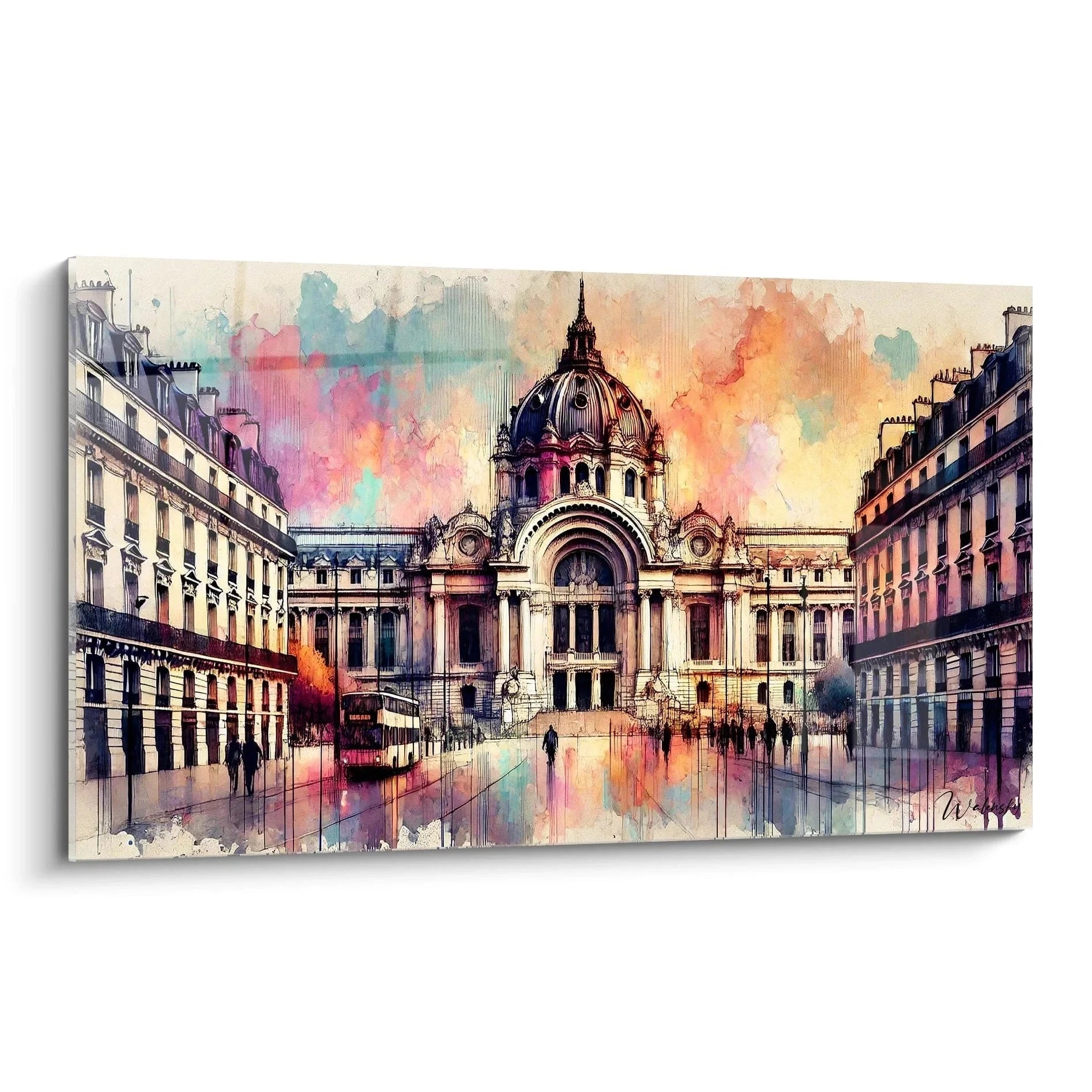 Wandbild Paris Palais Garnier in Aquarell-Technik mit bunten Farbverläufen und moderner Kunstinterpretation