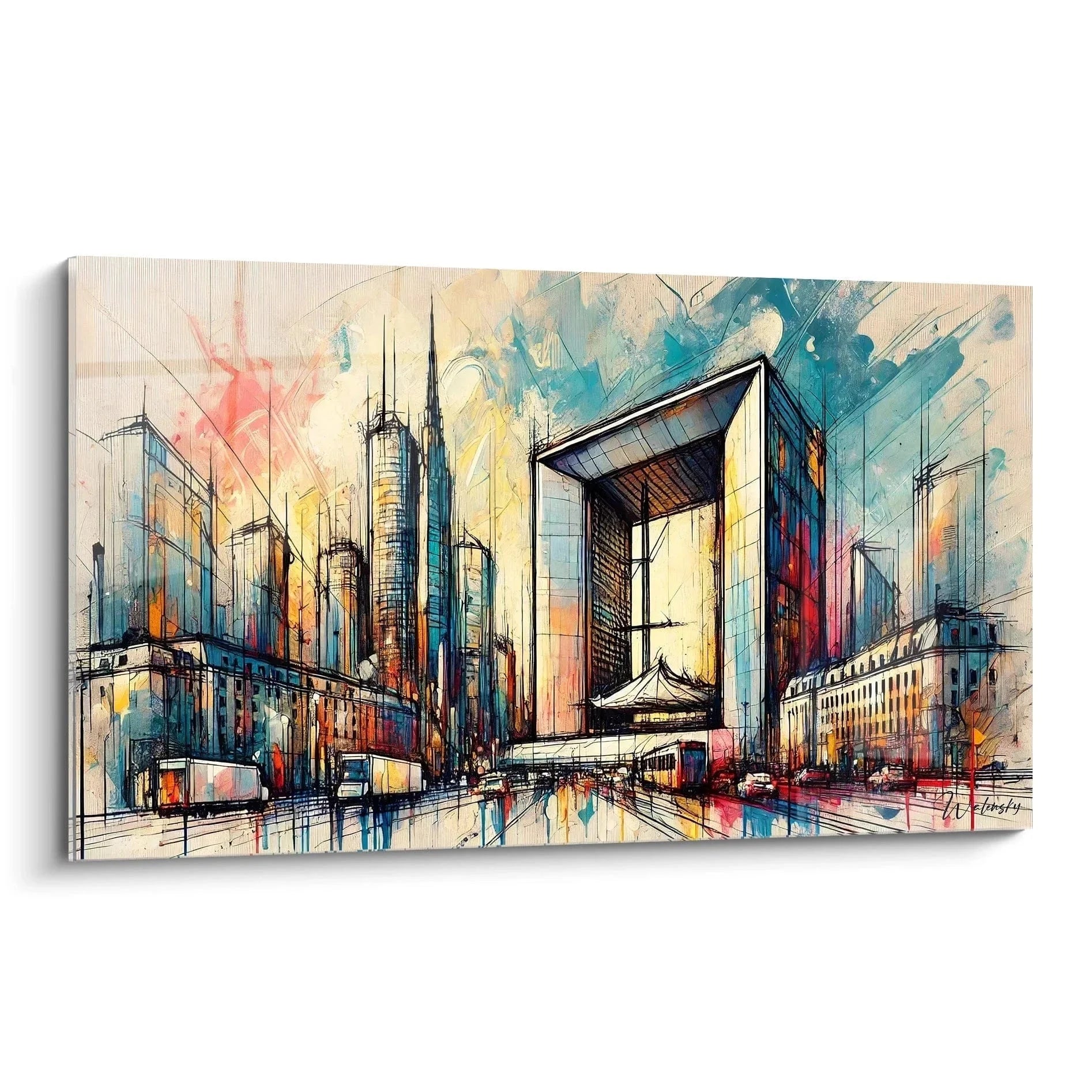 Wandbild Paris Skyline im Aquarell-Stil mit modernen Wolkenkratzern und urbaner Architektur