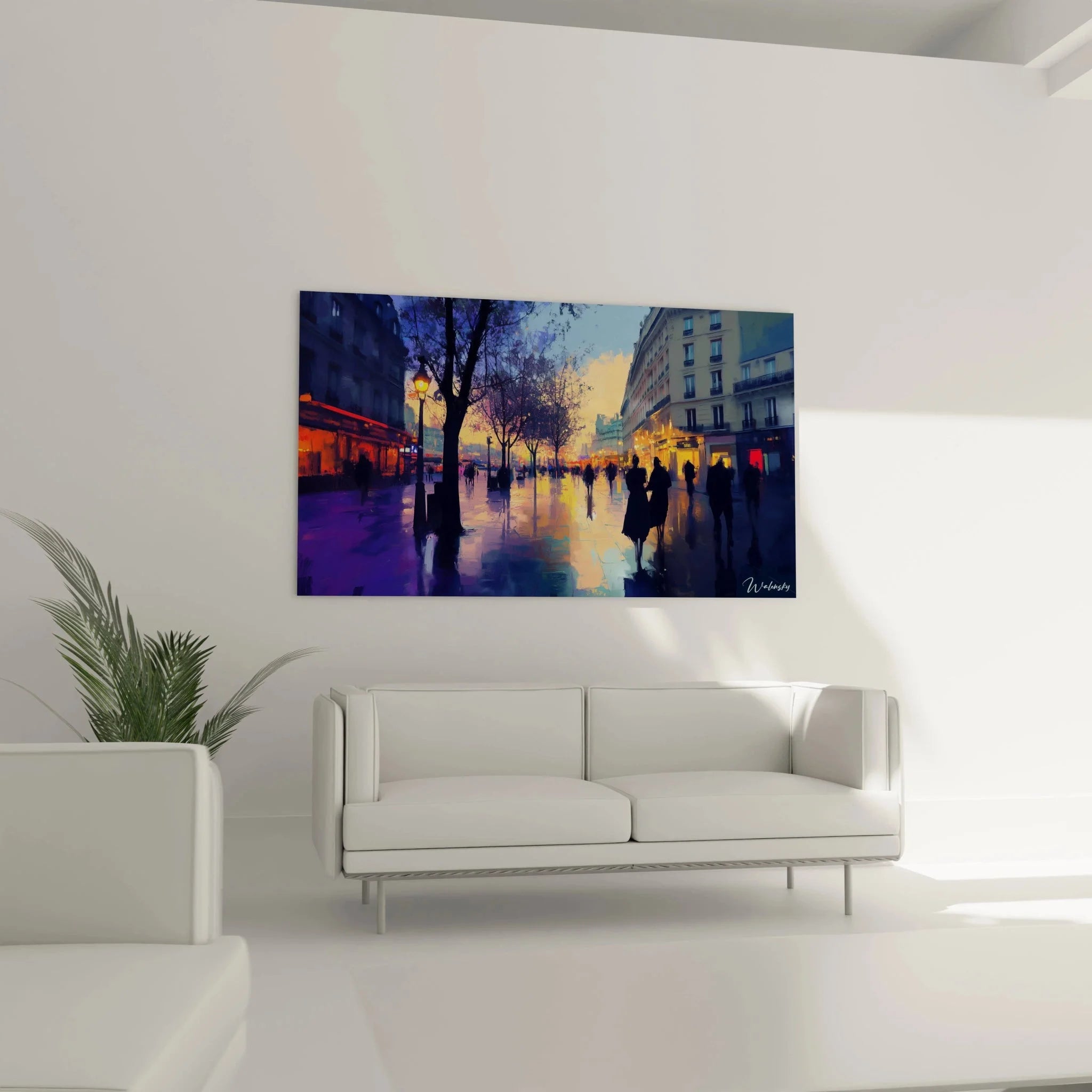 Detailansicht Wandbild Pariser Straße mit impressionistischer Lichtmalerei und Reflexionen auf nassem Pflaster
