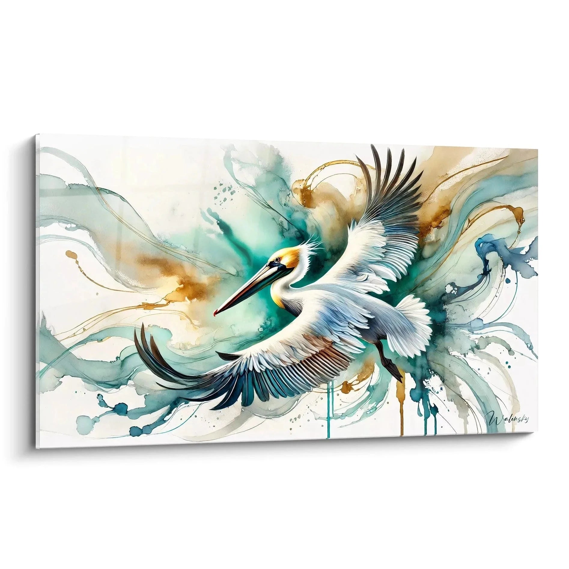 Wandbild Pelikan Aquarell mit majestätischem Flug in türkis-blauen Tönen - Edition Pelikan Kunstdruck