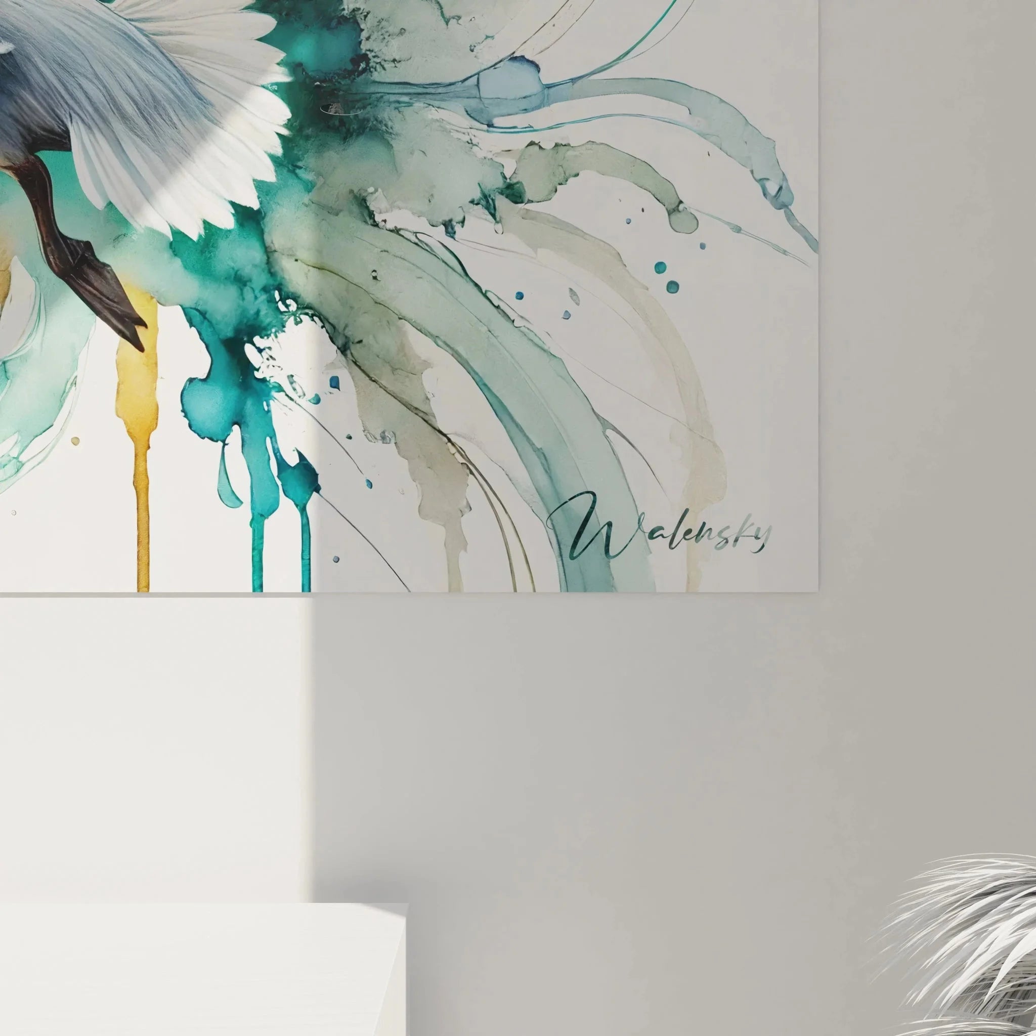 Gesamtansicht Wandbild Pelikan - moderne Vogelkunst in Aquarell-Technik für stilvolle Wandgestaltung