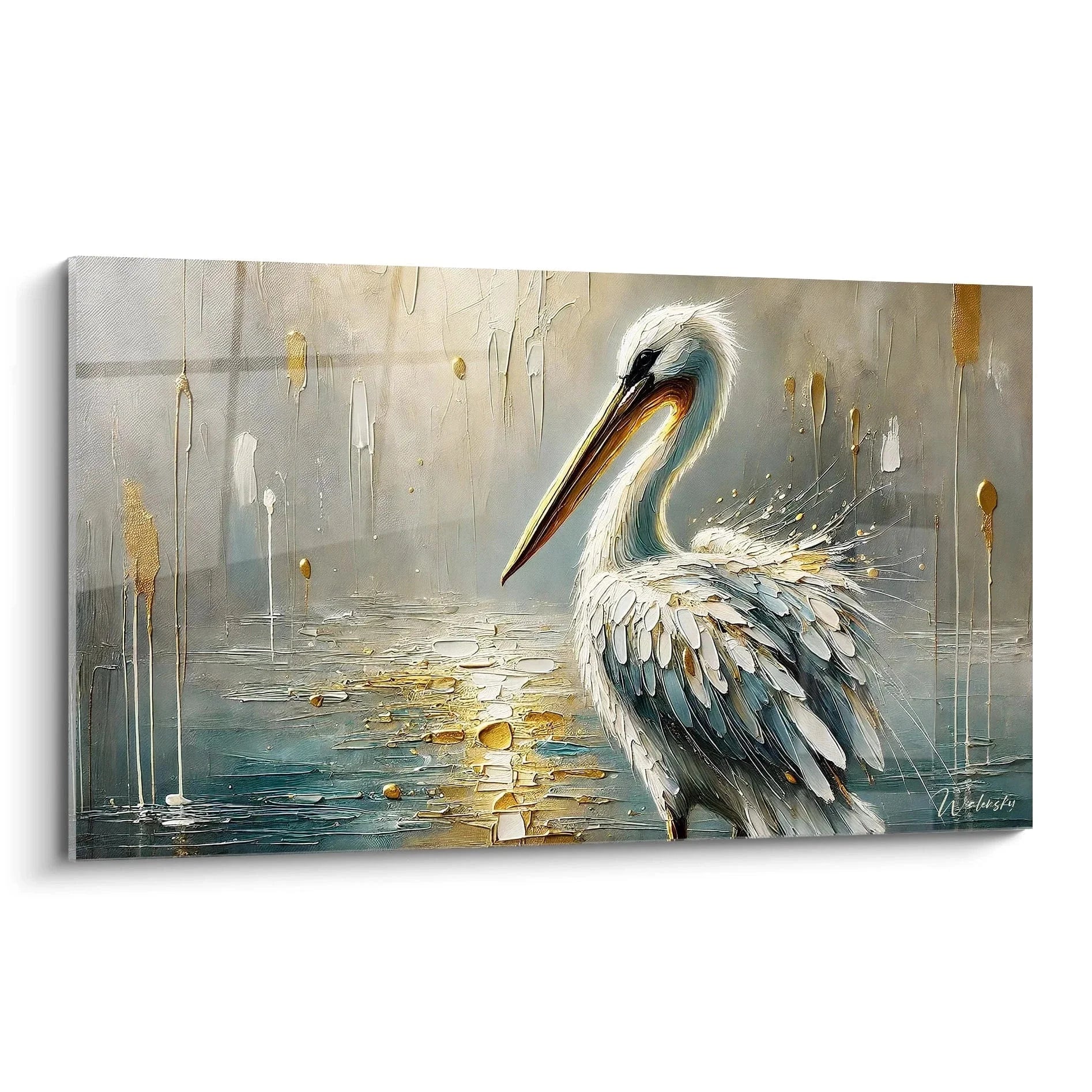 Wandbild Pelikan im Regen - Majestätischer Vogel Kunstdruck mit goldenen Akzenten auf Leinwand