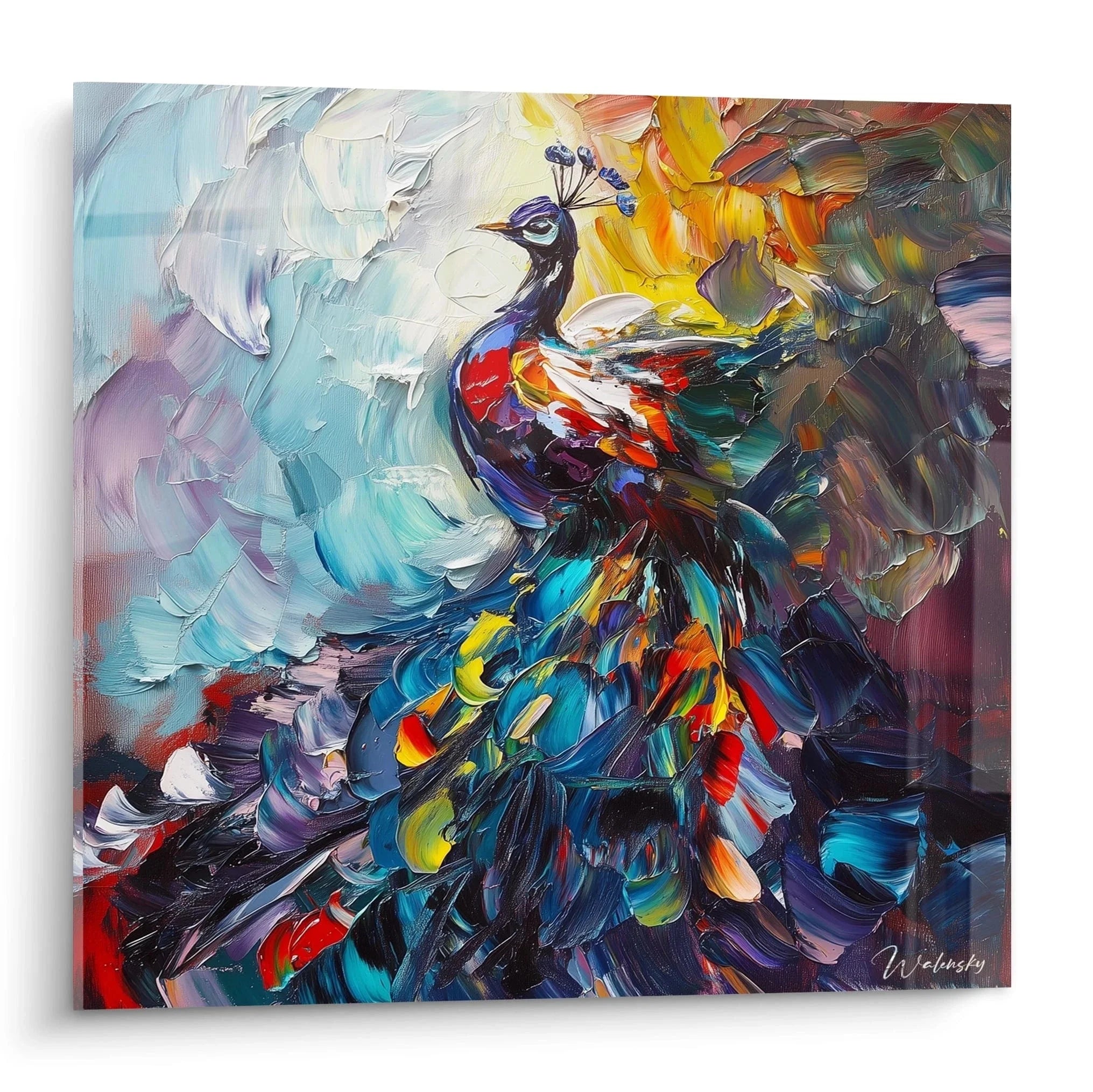 Wandbild Pfau mit leuchtenden Farben in expressionistischer Maltechnik - Edition Schwarzer Panther