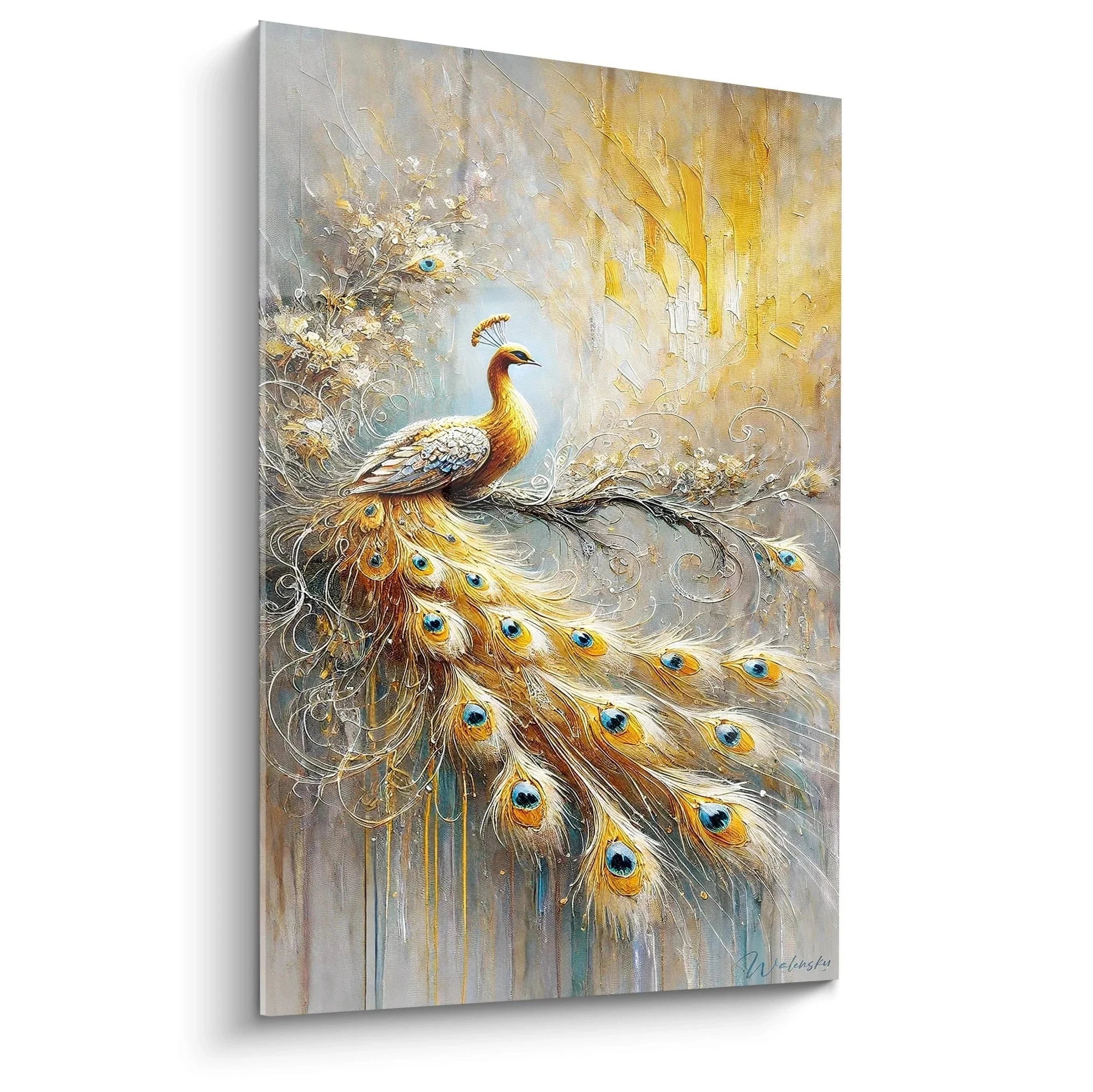 Luxuriöses Wandbild Pfau mit goldenen Federn und blauen Augenflecken auf Leinwand